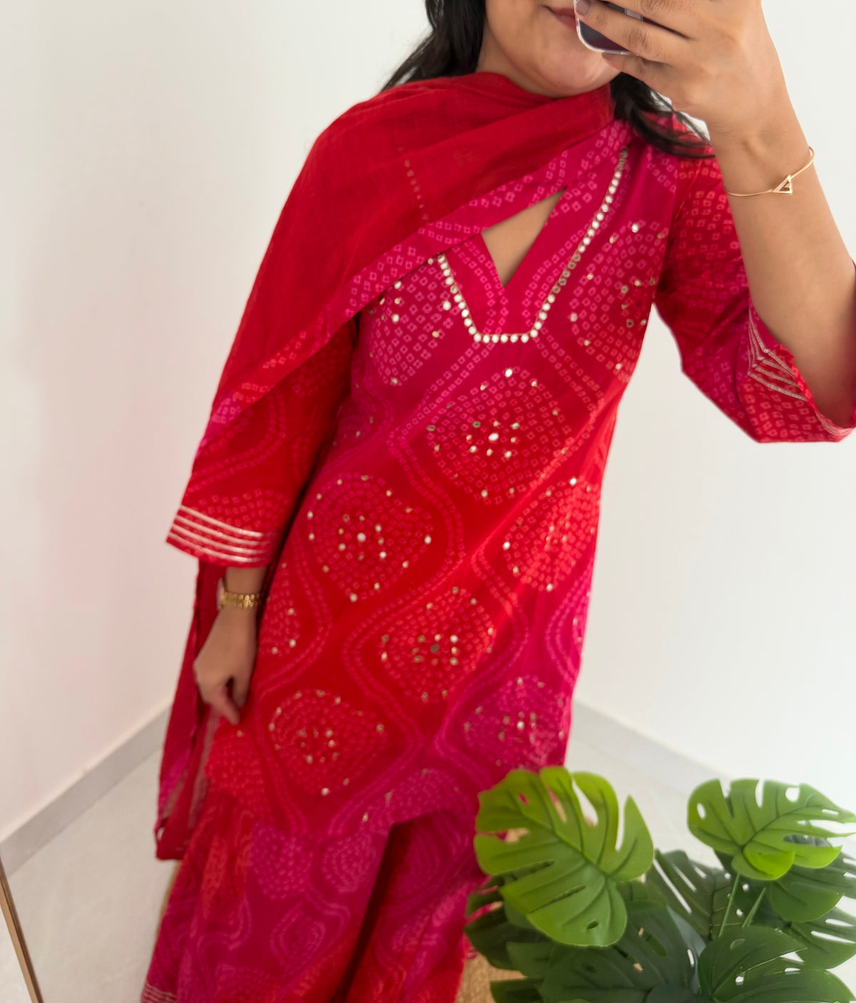 K090 - Mul cotton bandhini mirror work short Kurti with palazzo pants and dupatta