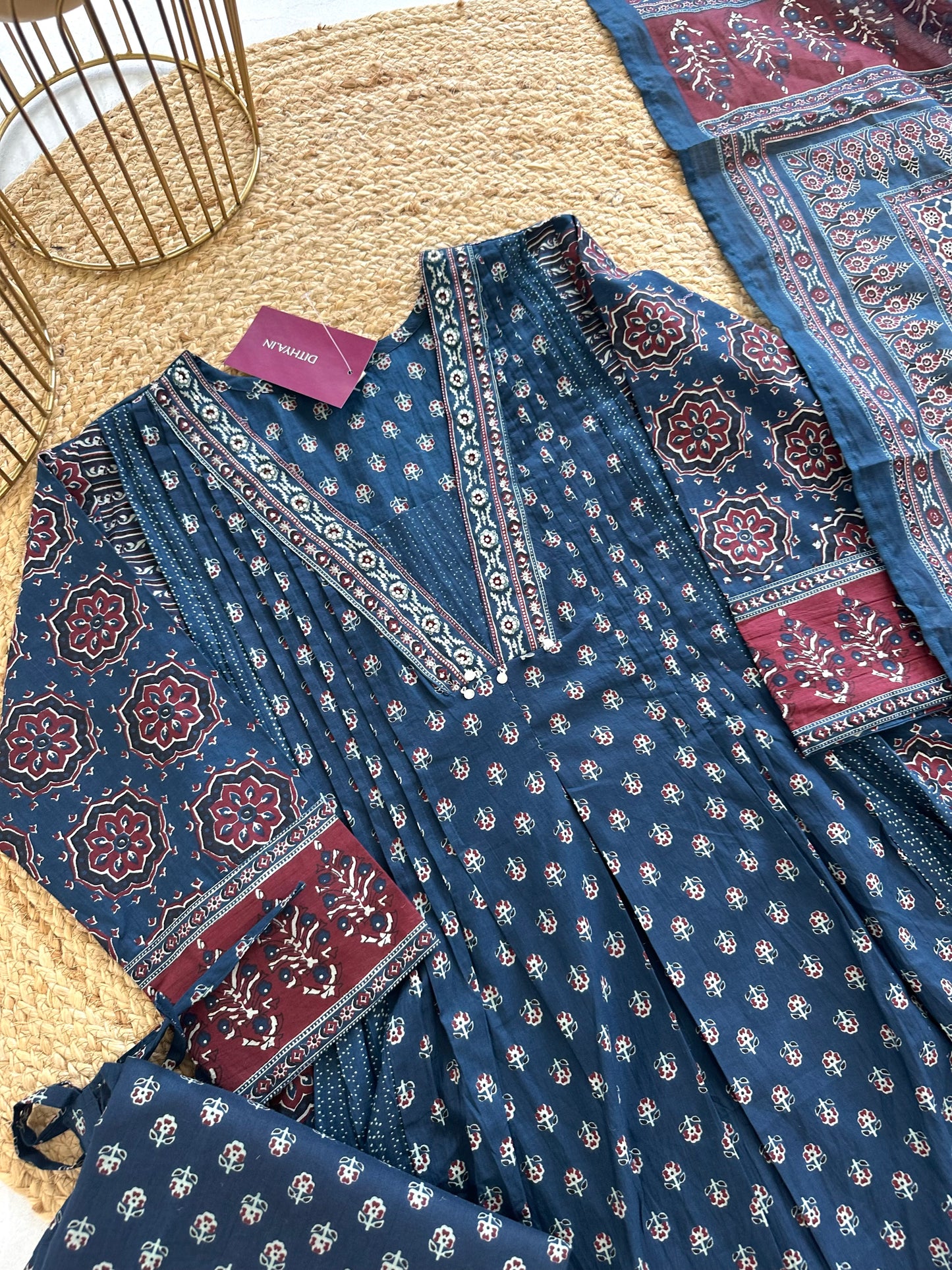 K082 - Cotton Aline Kurti Indigo print with palazzo and dupatta.