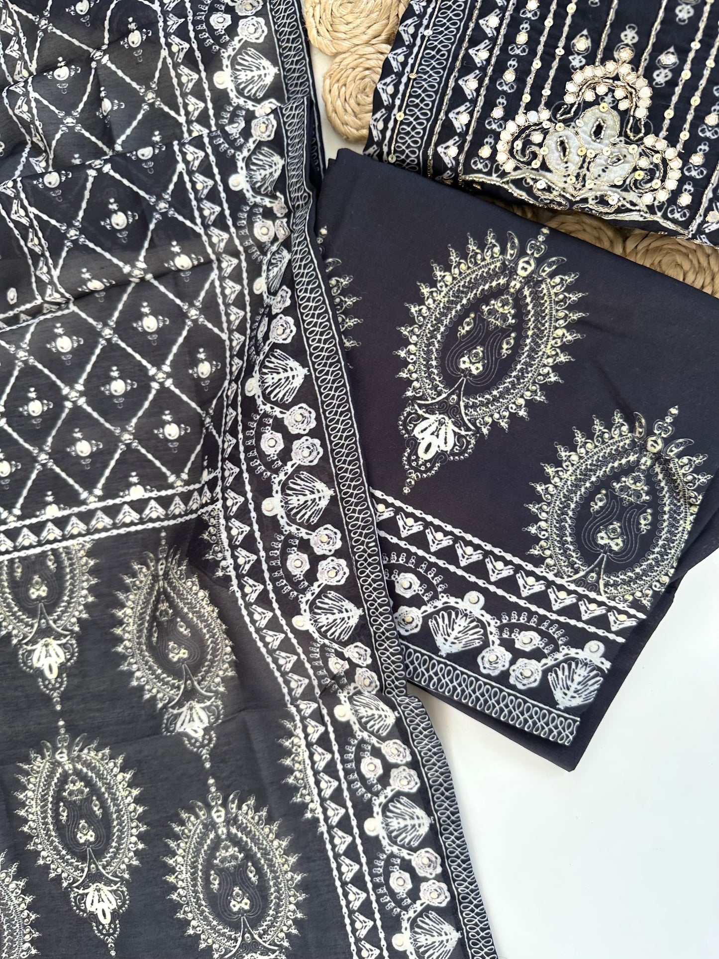 K264 - Cotton Handwork straight Kurti with pants and dupatta