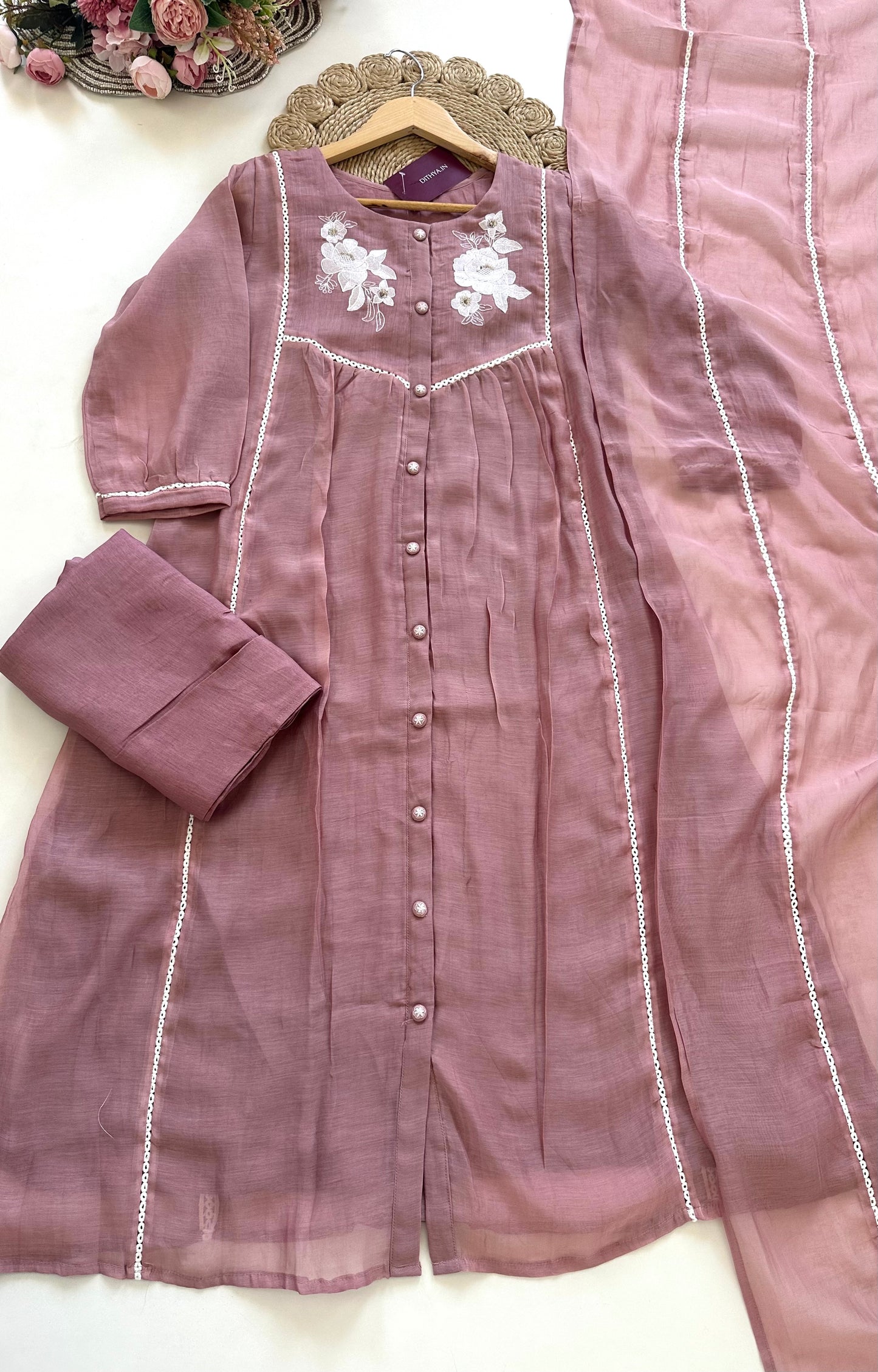 K060 - Mul Chanderi hand embroidered Aline Kurti with pants and dupatta