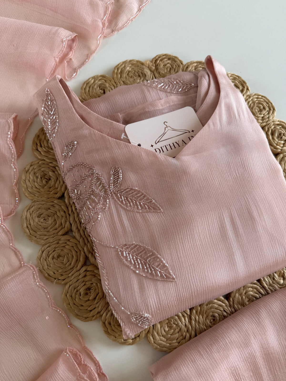 K476 - Pure Chinnon handwork aline Kurti with pants and dupatta