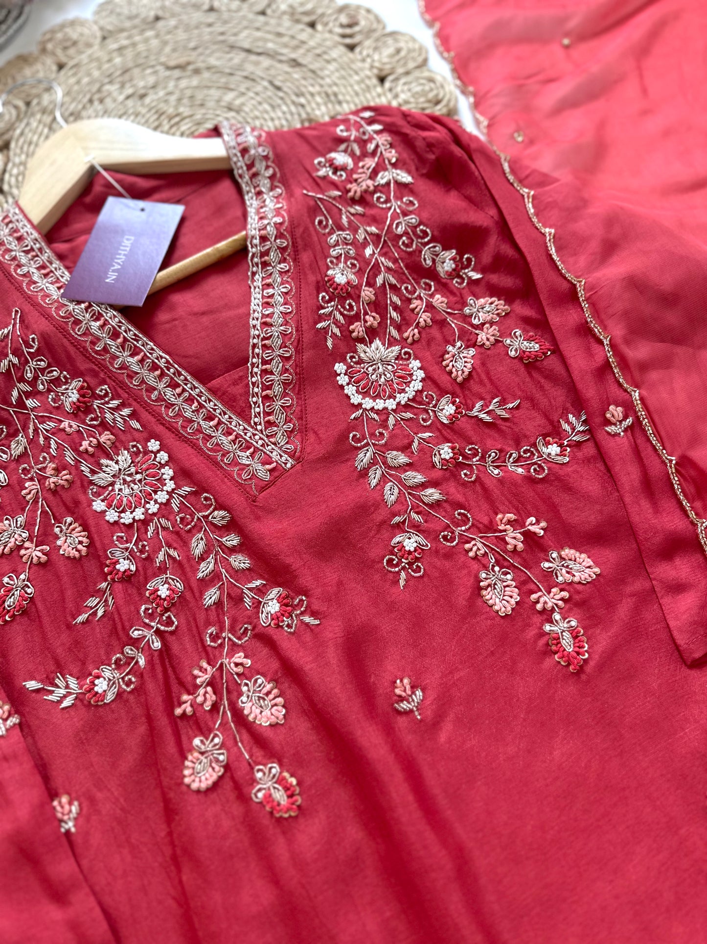 K242 - Handwork Russian silk short kurti with palazzo and dupatta.