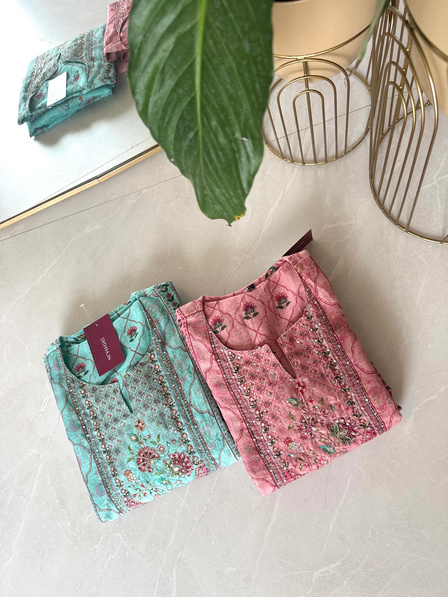 K027 - Soft chanderi handwork straight Kurti with  pants and dupatta in 2 colours
