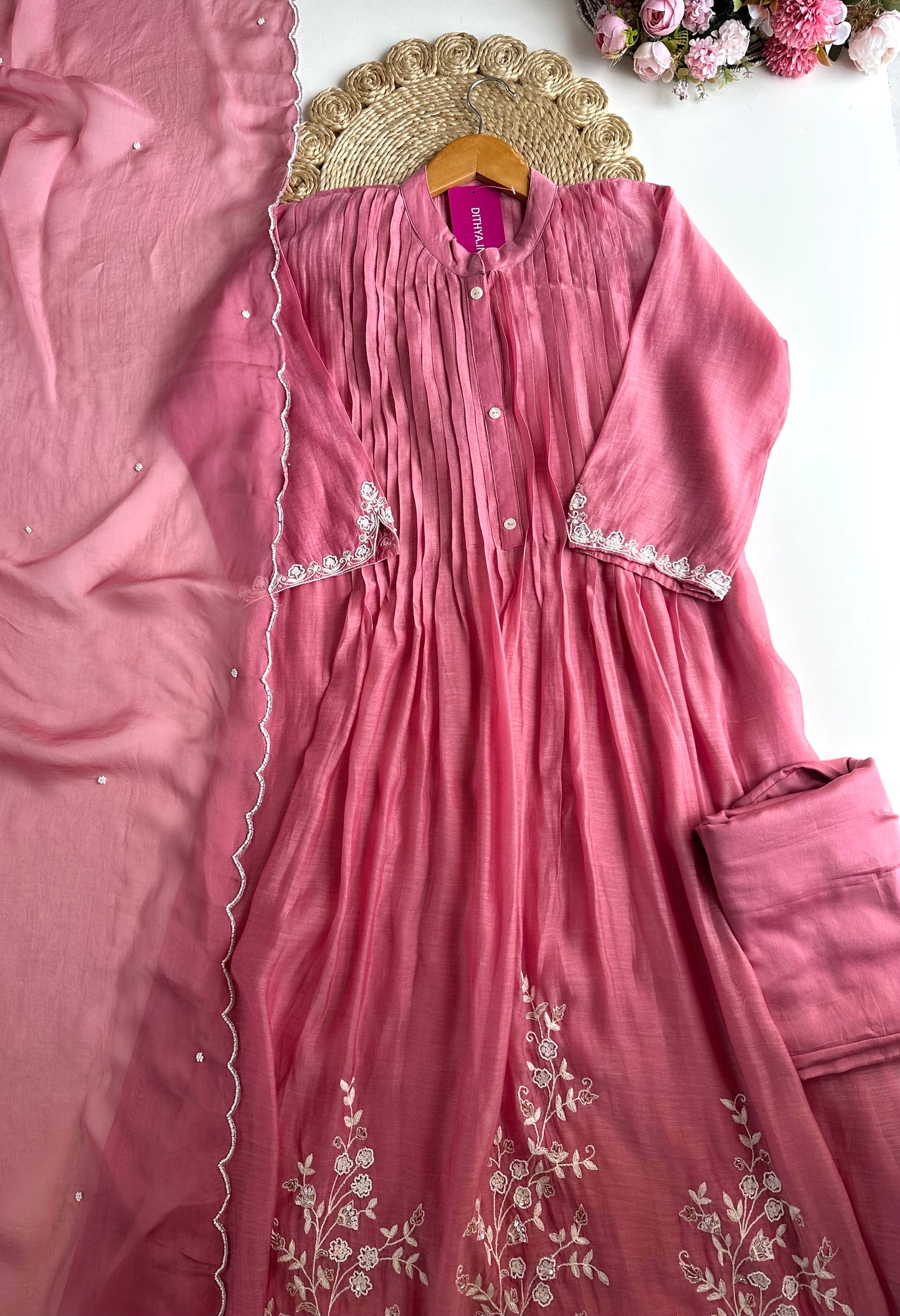 K018 - Mul Chanderi Handwork Aline Kurti with pants and dupatta