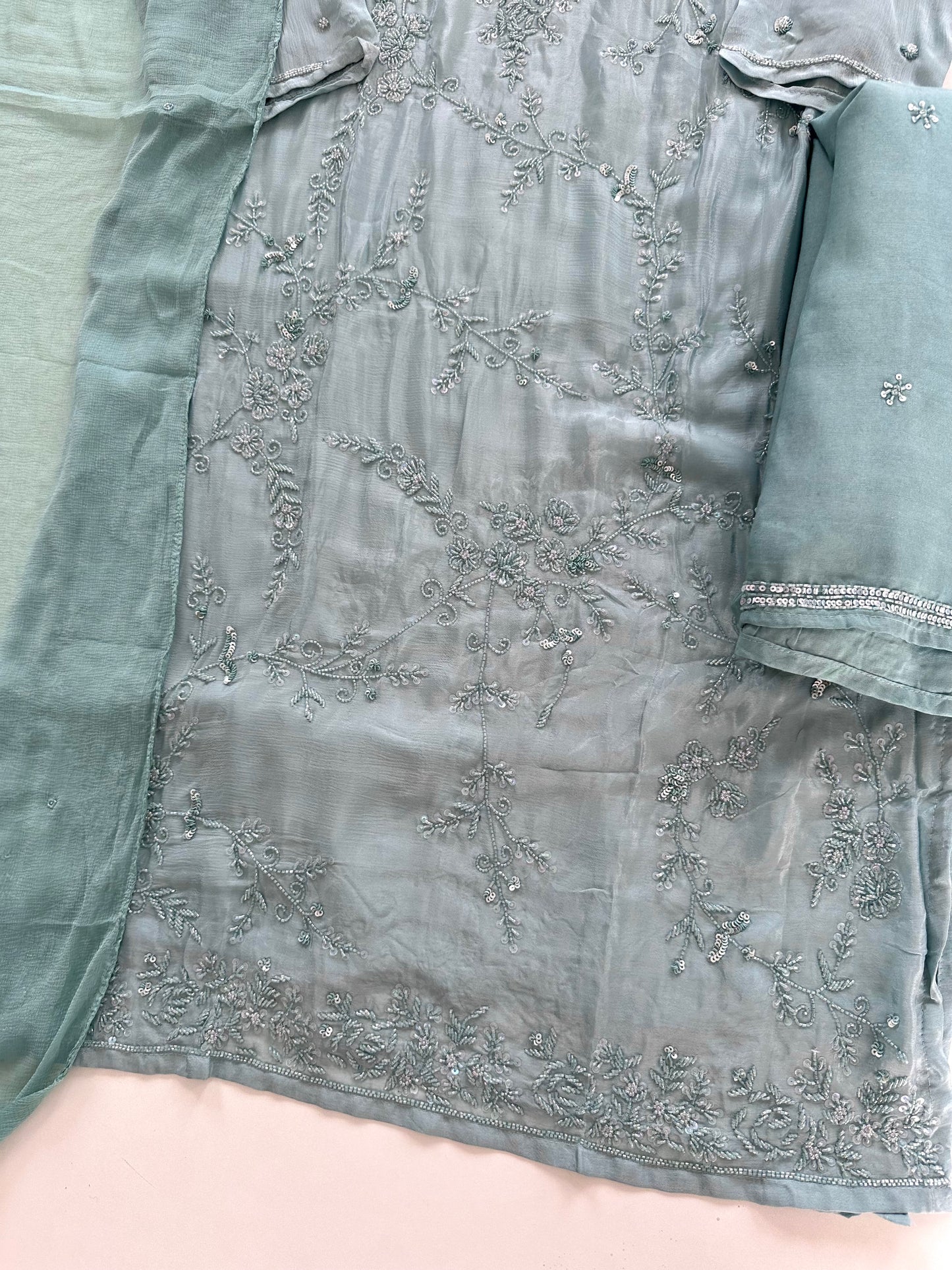 K256 - Chinnon Handwork Kurti with palazzo pants and chiffon dupatta
