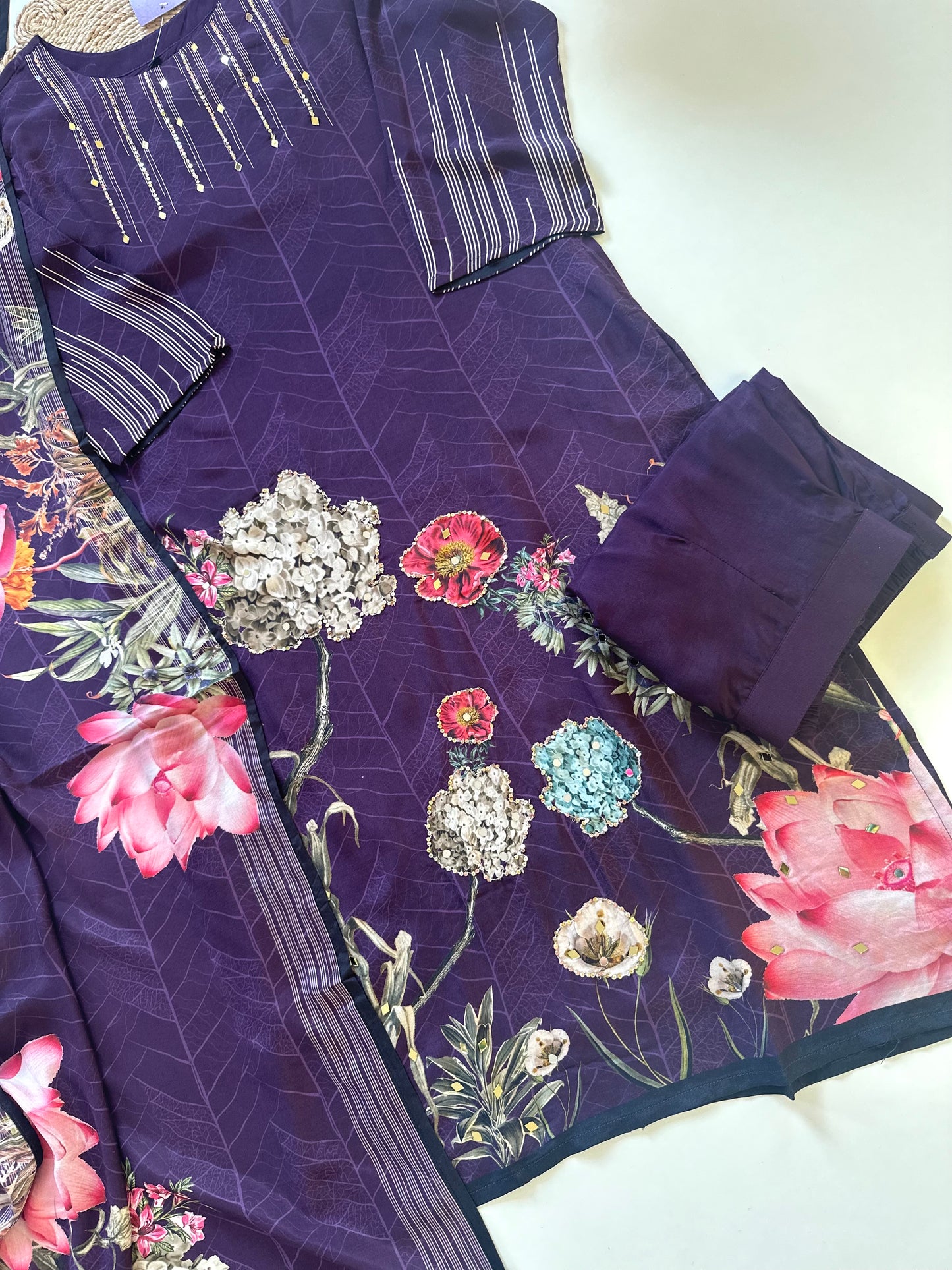 K431 - Crape floral straight Kurti with pants and dupatta
