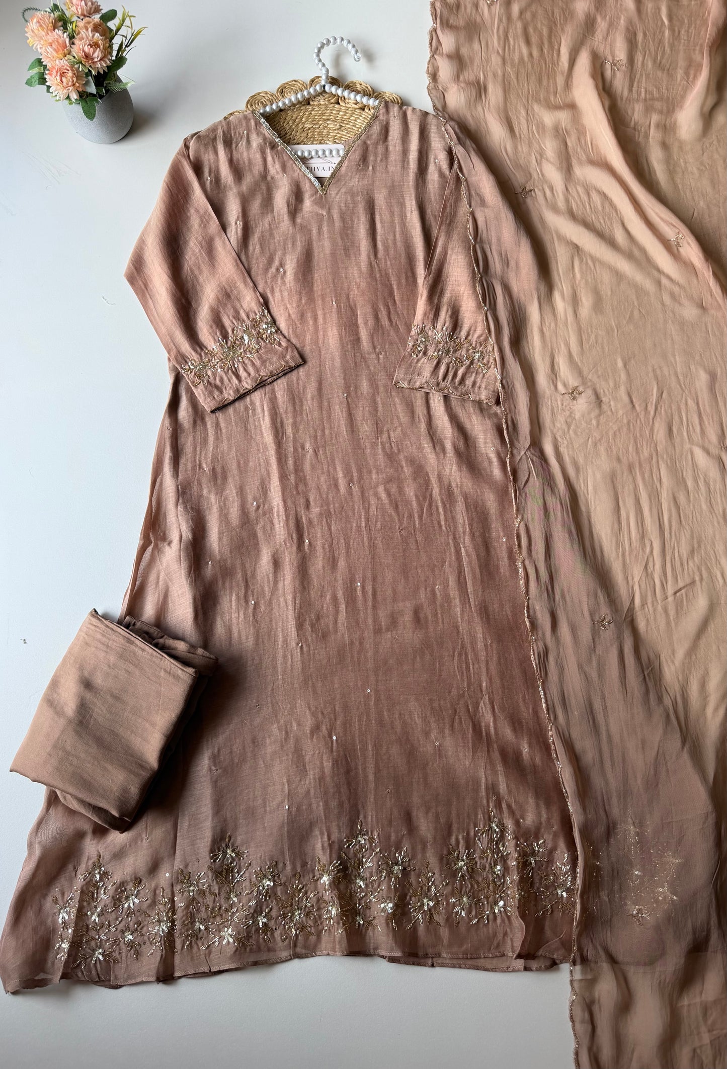 K593 - Mul chanderi handwork aline Kurti with pants and dupatta