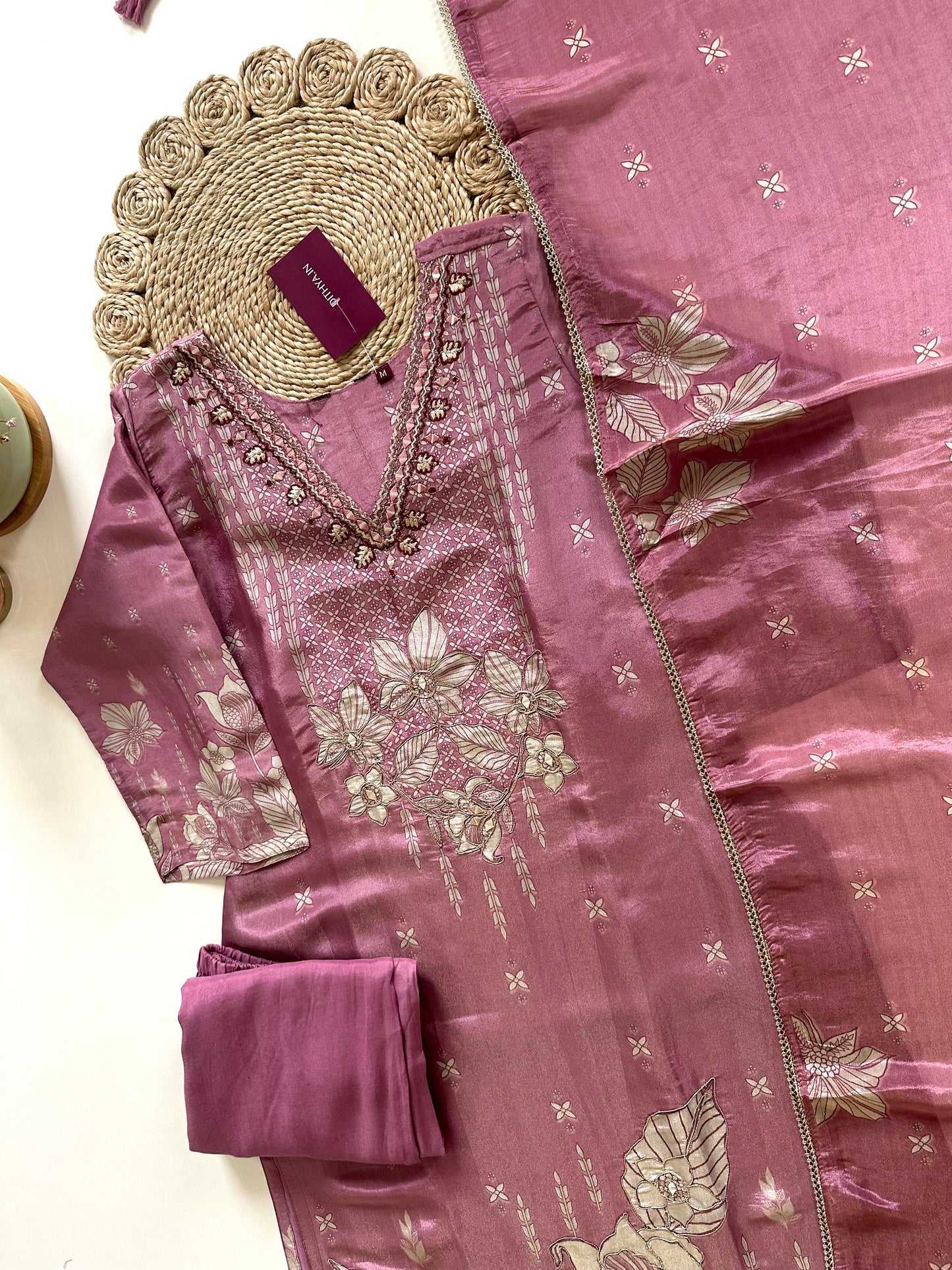 K335 - Printed tissue silk straight kurti with pants and dupatta