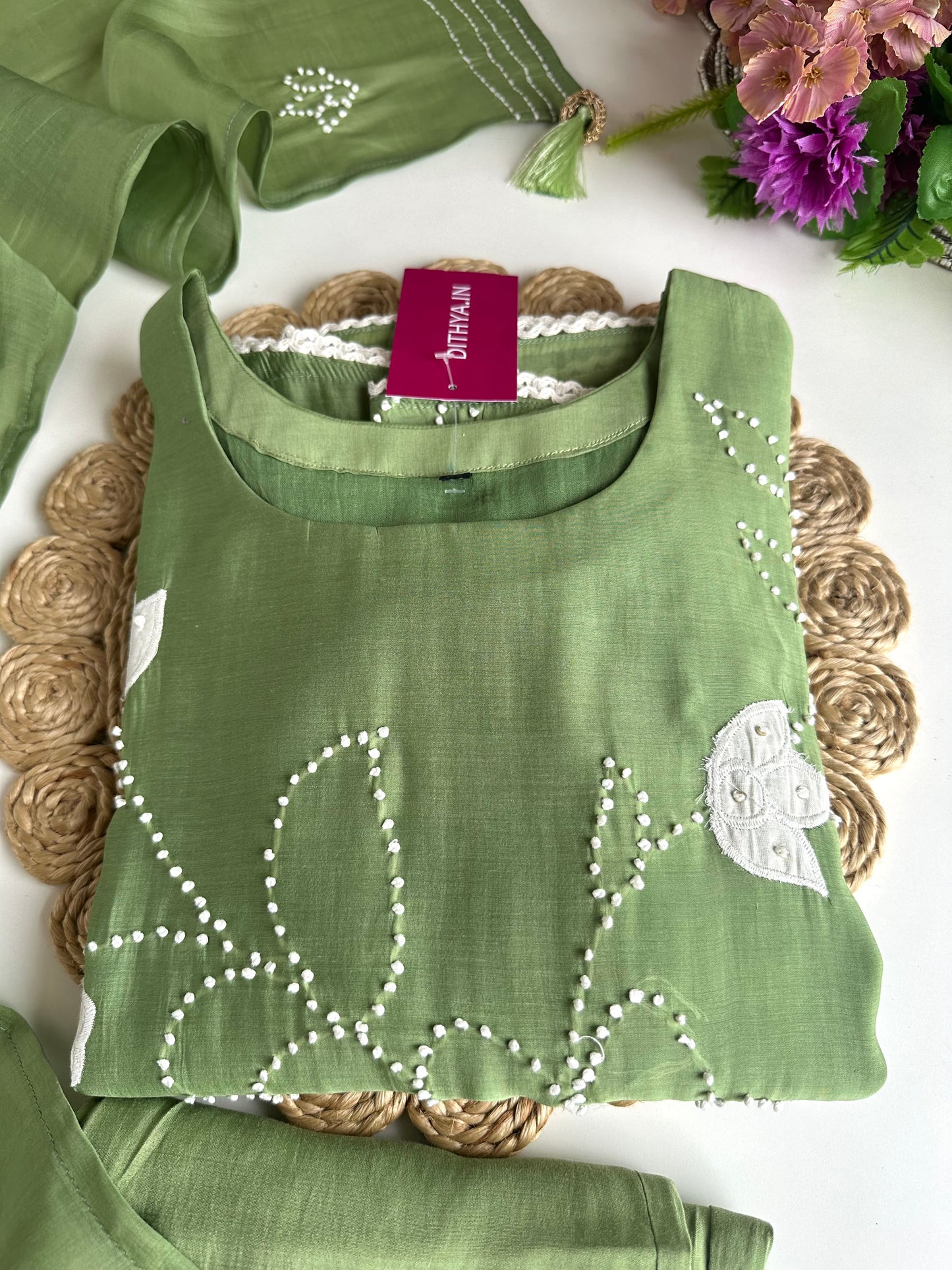 K214 - Mul Chanderi appliqué knot work Aline Kurti with pants and dupatta