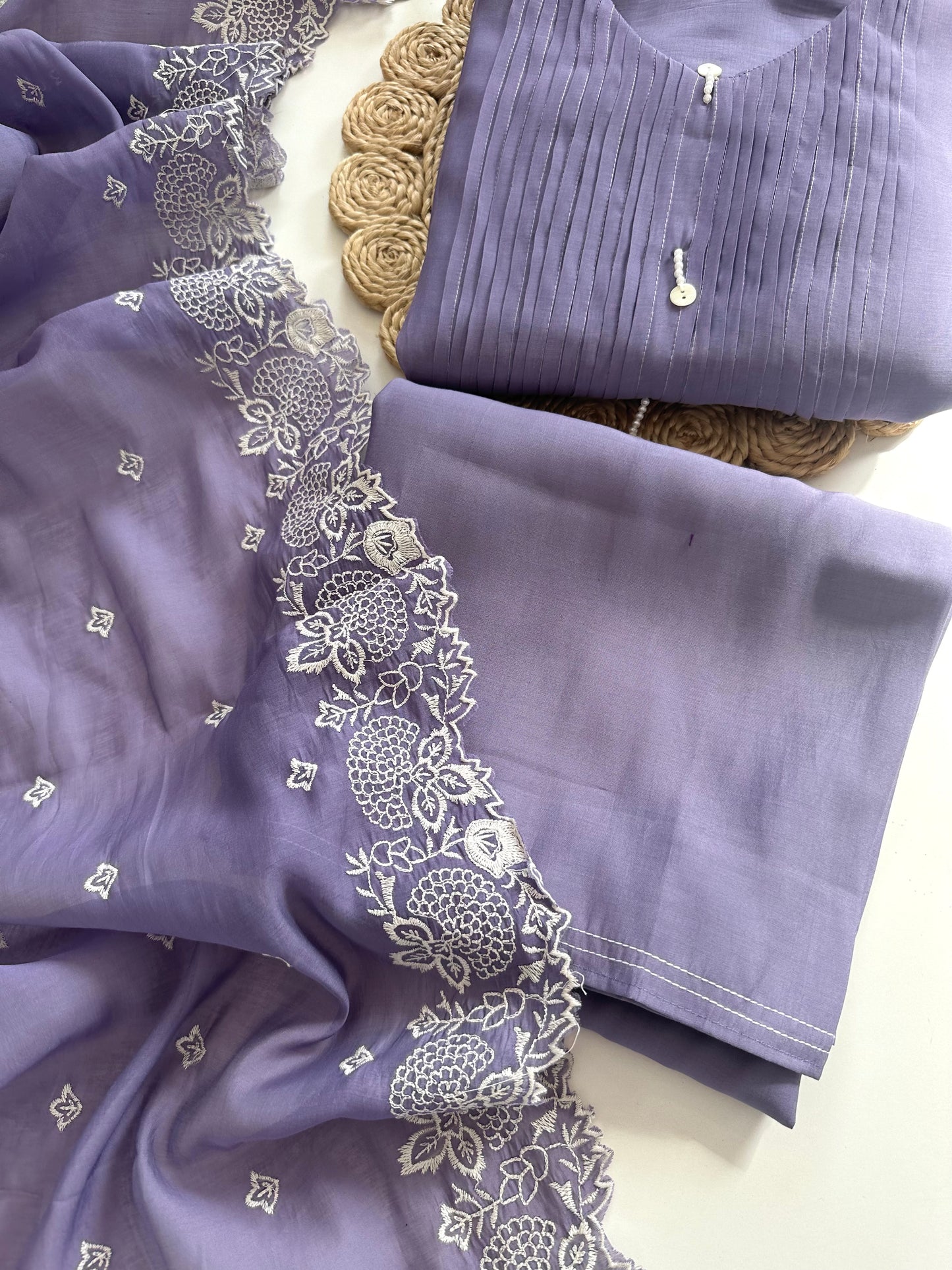 K319 - Muslin silk embroidered Aline Kurti with pants and dupatta in 2 colours