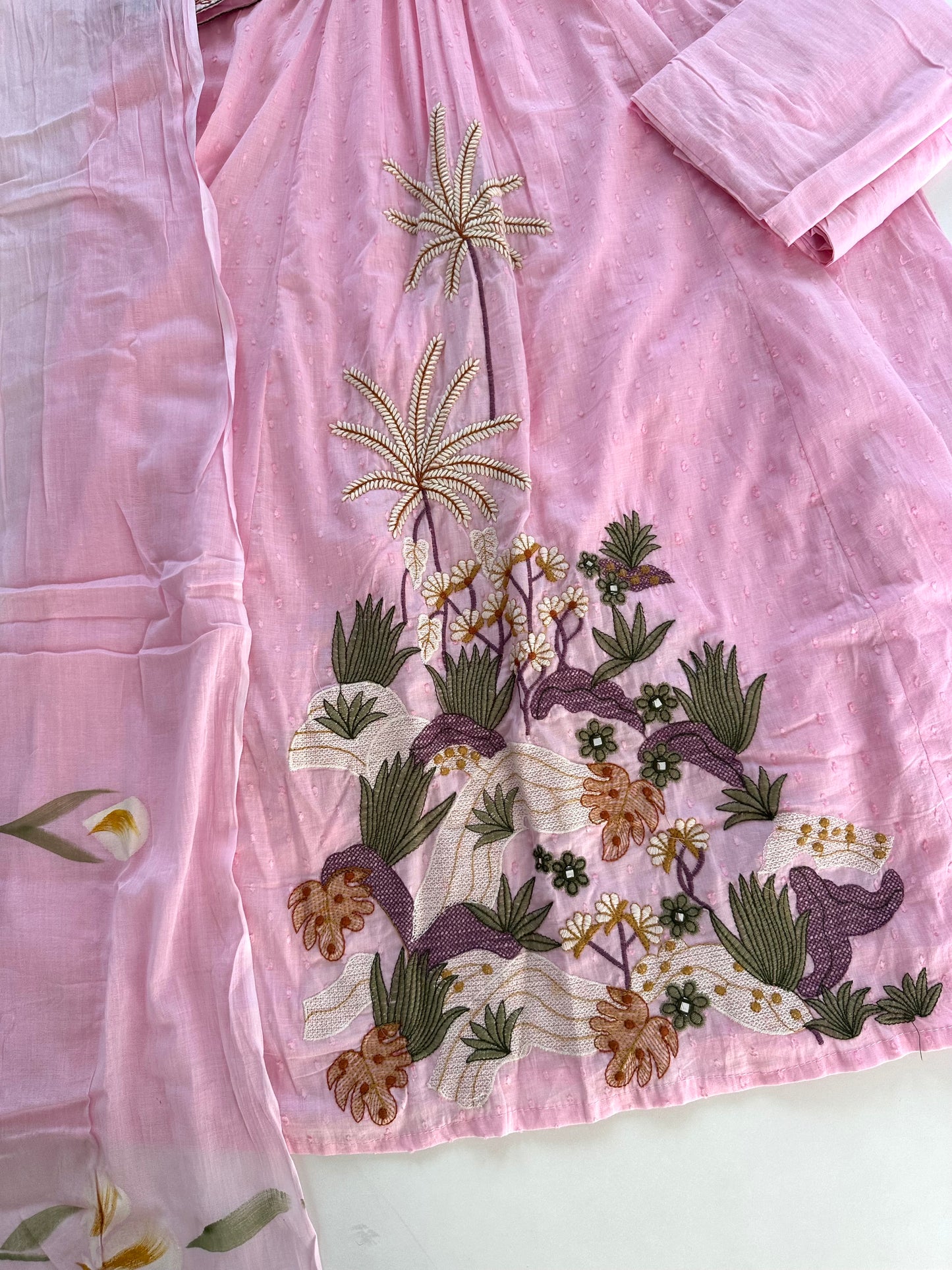 K179 - Mul cotton embroidered Aline Kurti with pants and dupatta in 2 colours