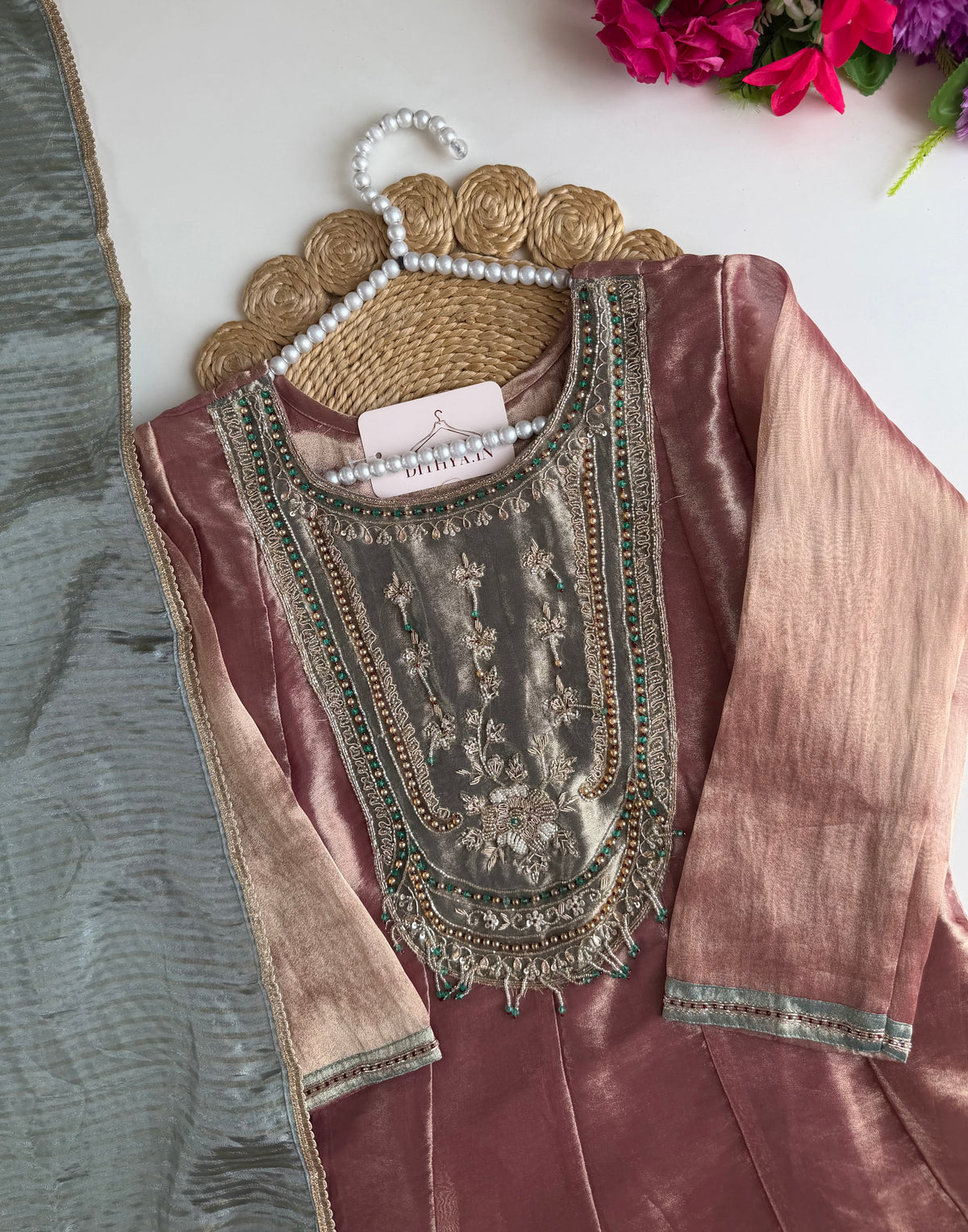 K470 - Tissue silk handwork Anarkali with pants and dupatta