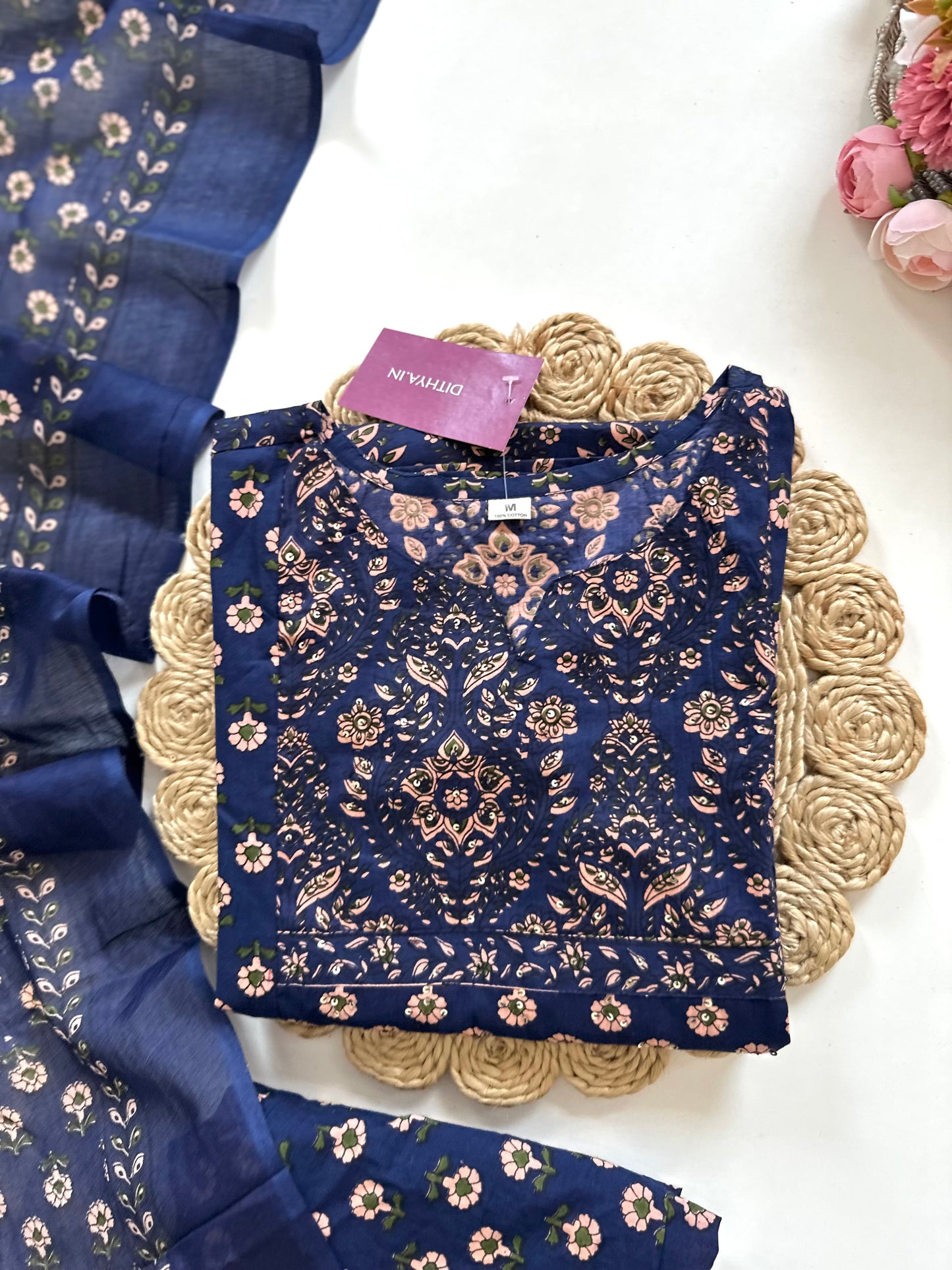 K201 - Cotton printed Straight Kurti with pants and dupatta in 2 colours
