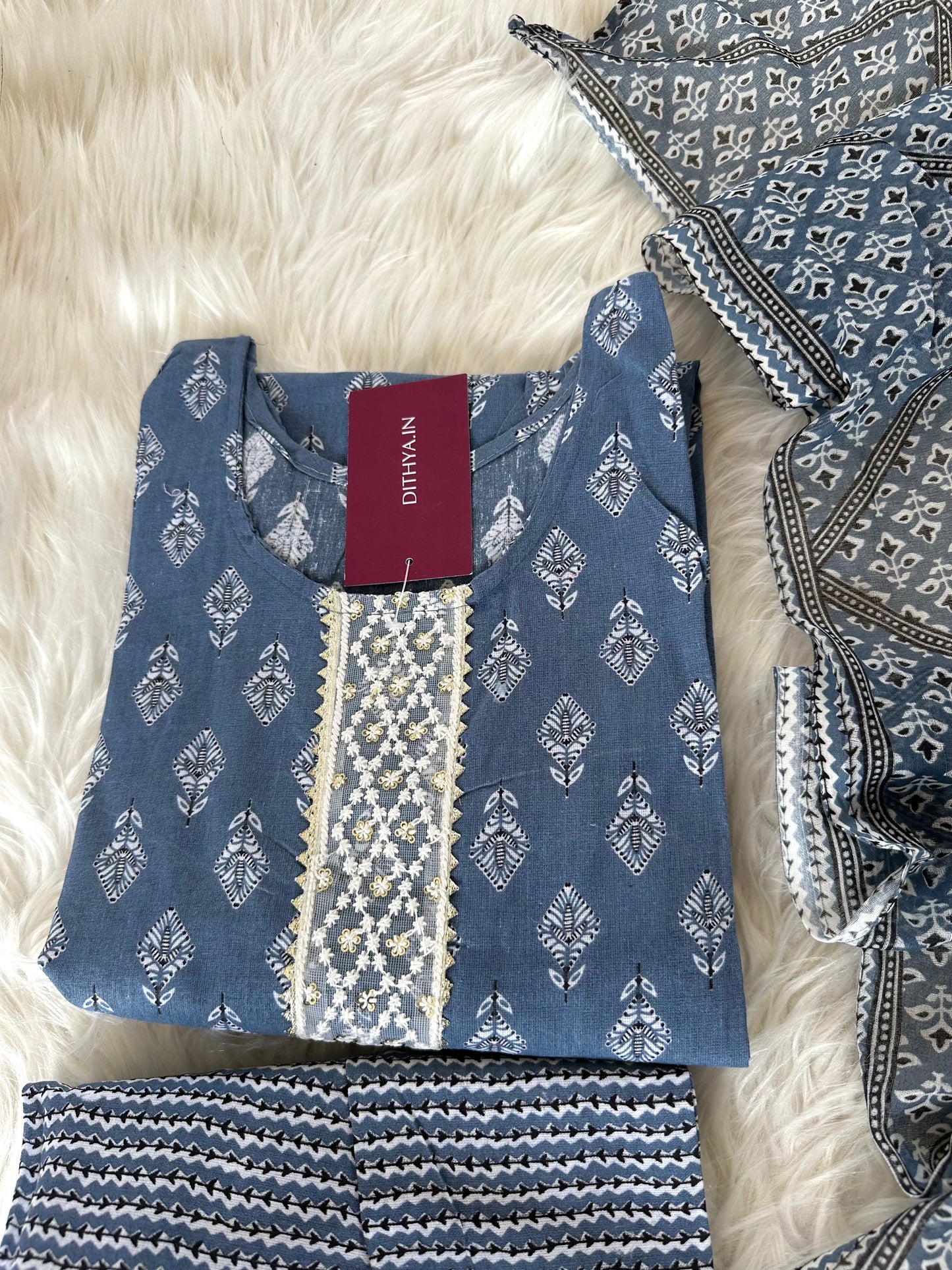 K230 - Cotton printed straight Kurti with pants and dupatta