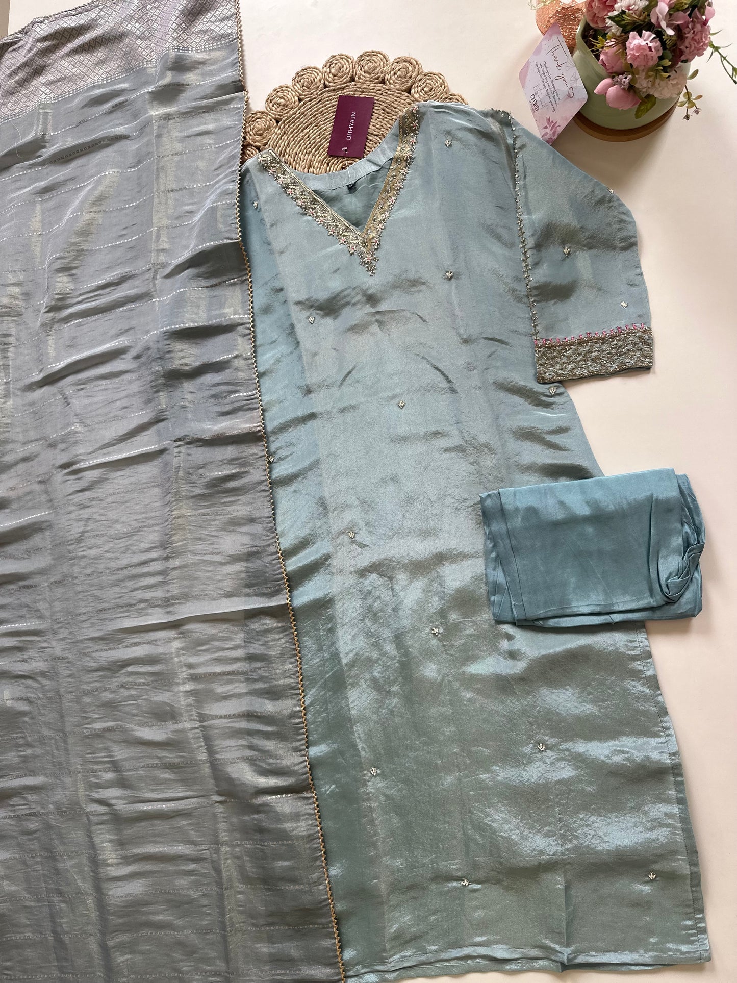 K203 - Tissue silk handwork straight kurti with pants and dupatta .