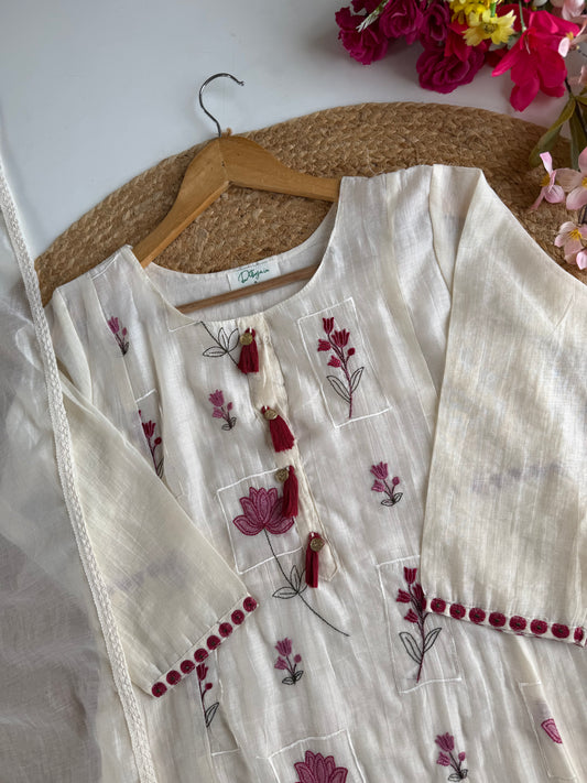 K303 - Mul chanderi embroidered Aline Kurti with pants and dupatta