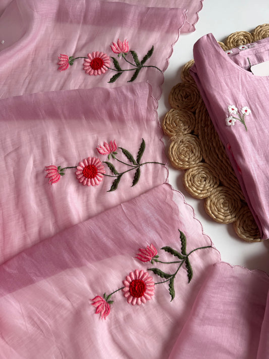 K632 - Mul Chanderi 3D appliqué work straight Kurti with pants and dupatta