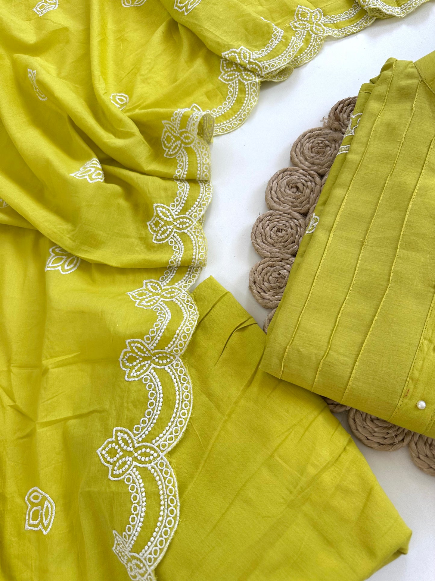 K089 - Mulmul cotton embroidered Anarkali with pants and dupatta in 2 colours