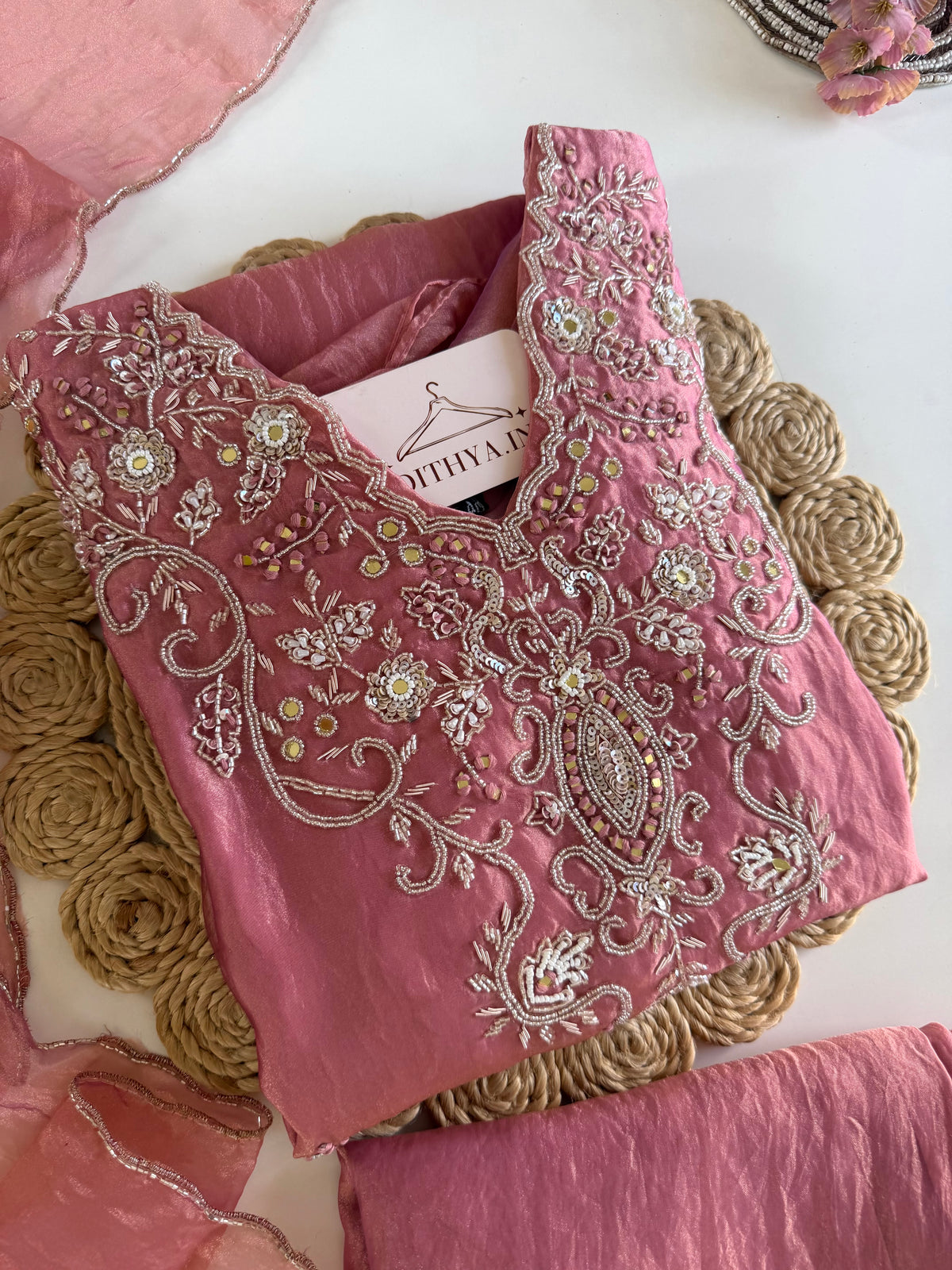 K599 -Glass tissue silk handwork aline Kurti with pants and dupatta