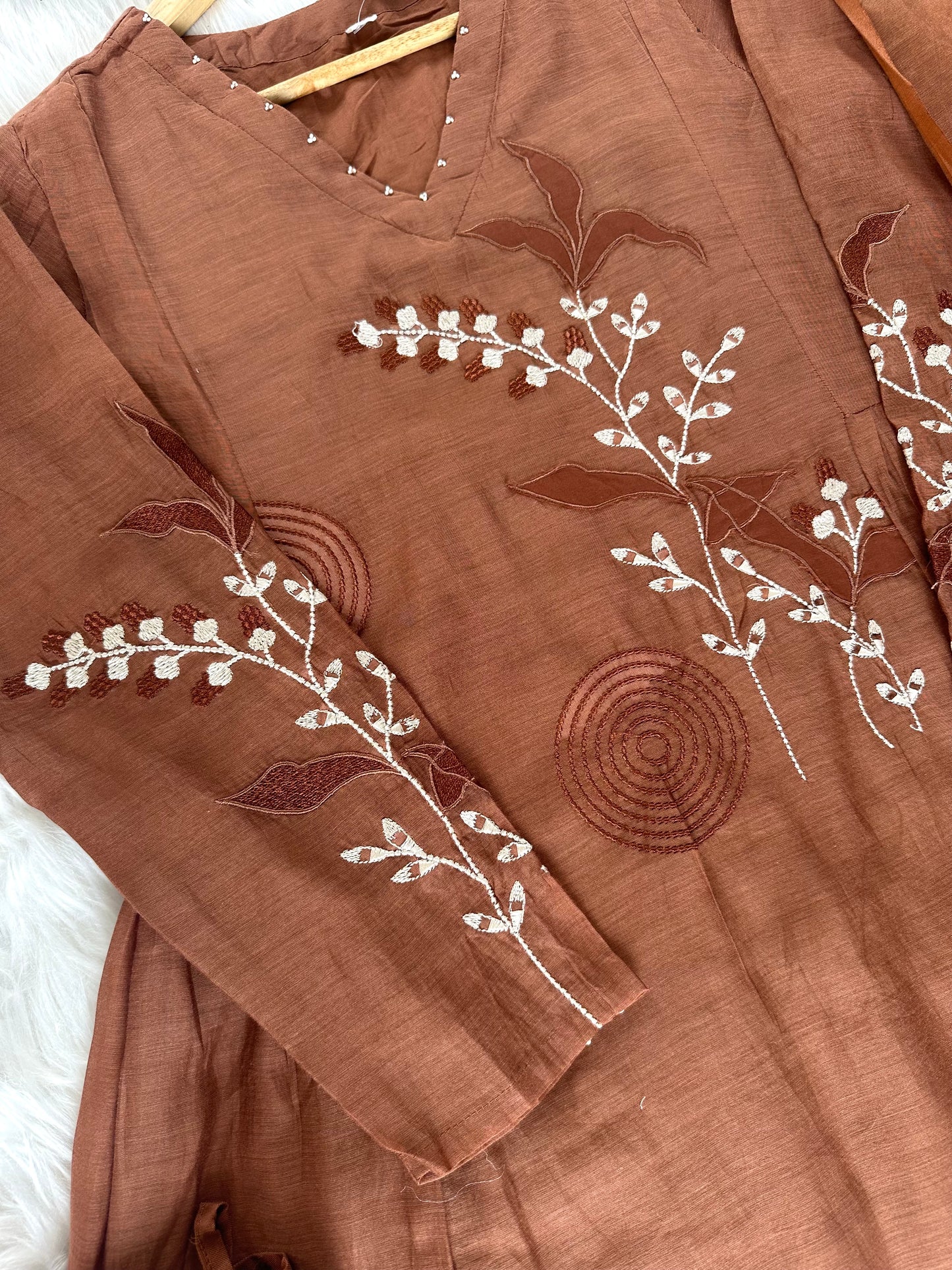K210 - Mul Chanderi appliqué work Anarkali with pants and dupatta in 2 colours