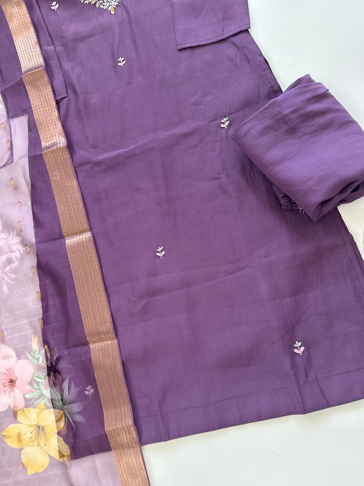 K217 - Modal silk Handwork straight kurti with pants and dupatta in 2 colours .
