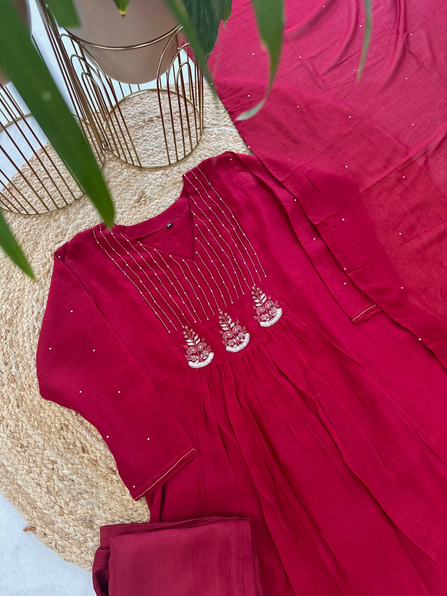 K175 - Mul Chanderi handwork Aline Kurti with pants and dupatta in 2 colours .