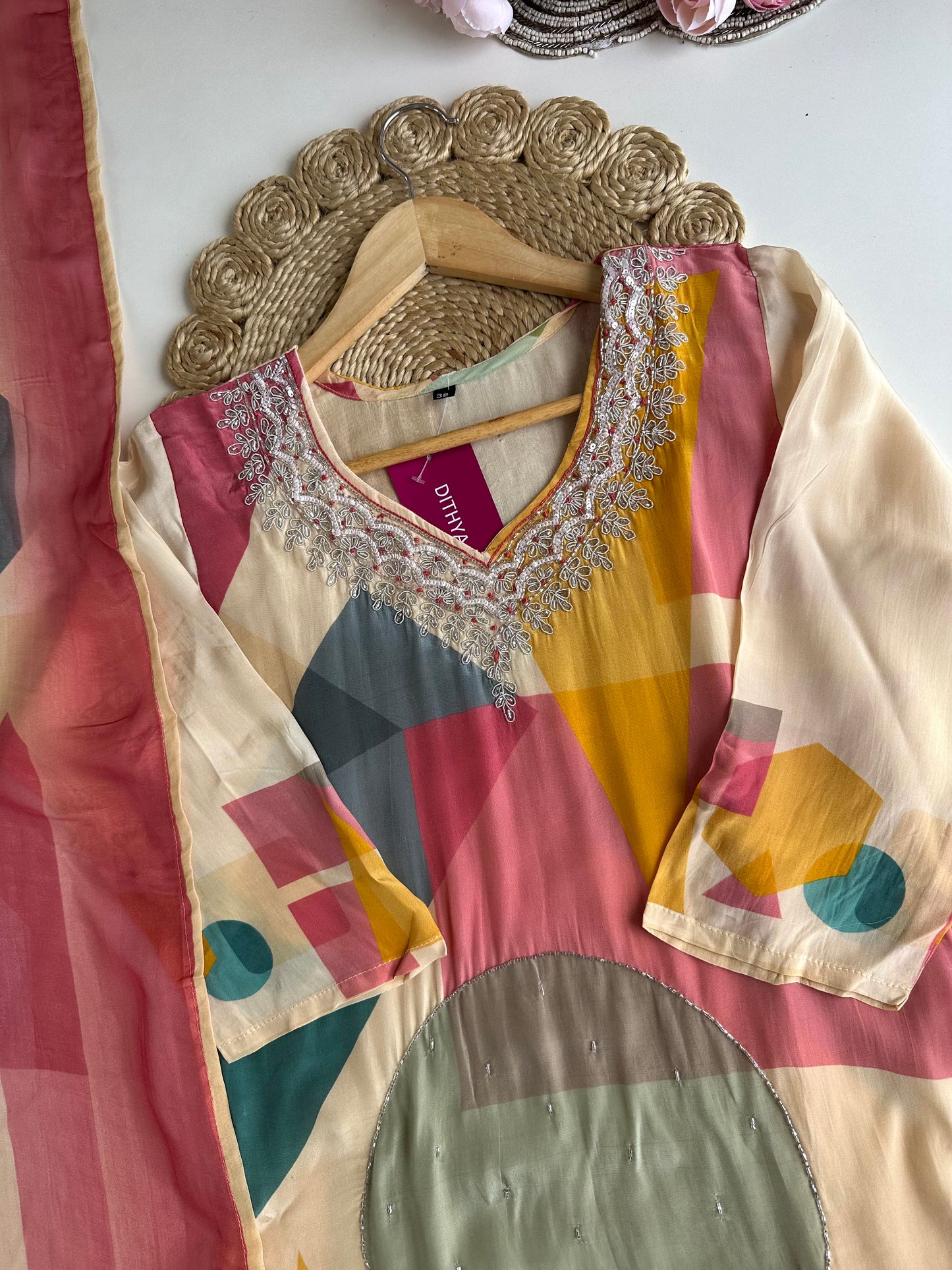 K025 - Pure crape handwork straight Kurti with pants and dupatta