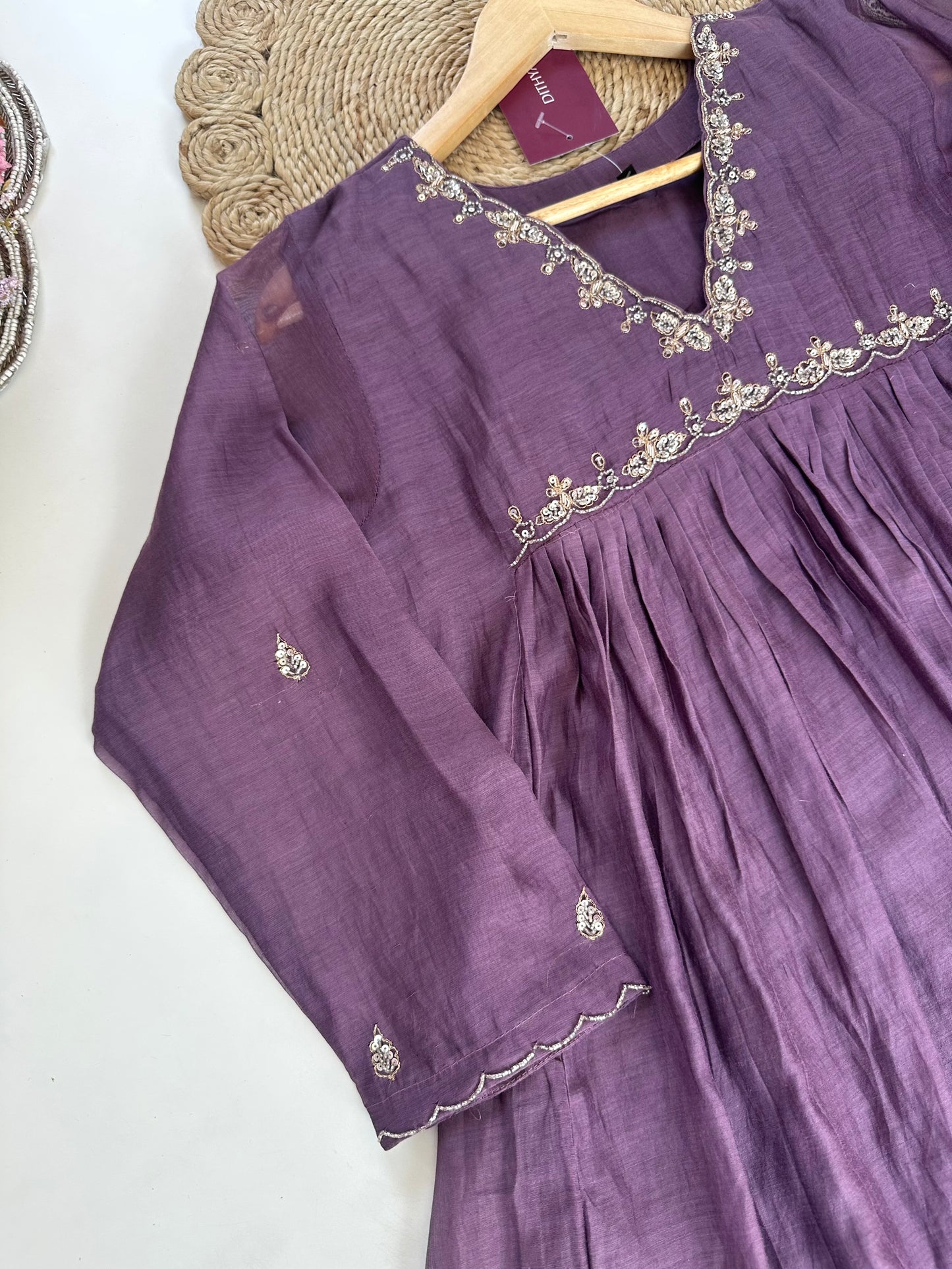 K138 - Mul Chanderi handwork Aline Kurti with pants and dupatta