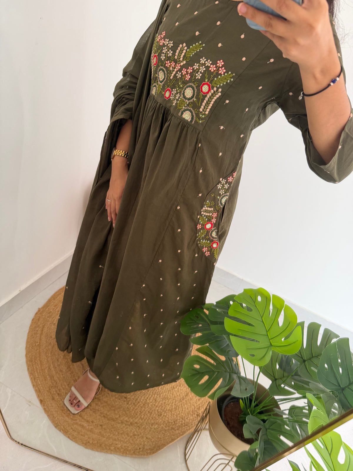 K100 - Mul cotton embroidered Anarkali with pants and dupatta