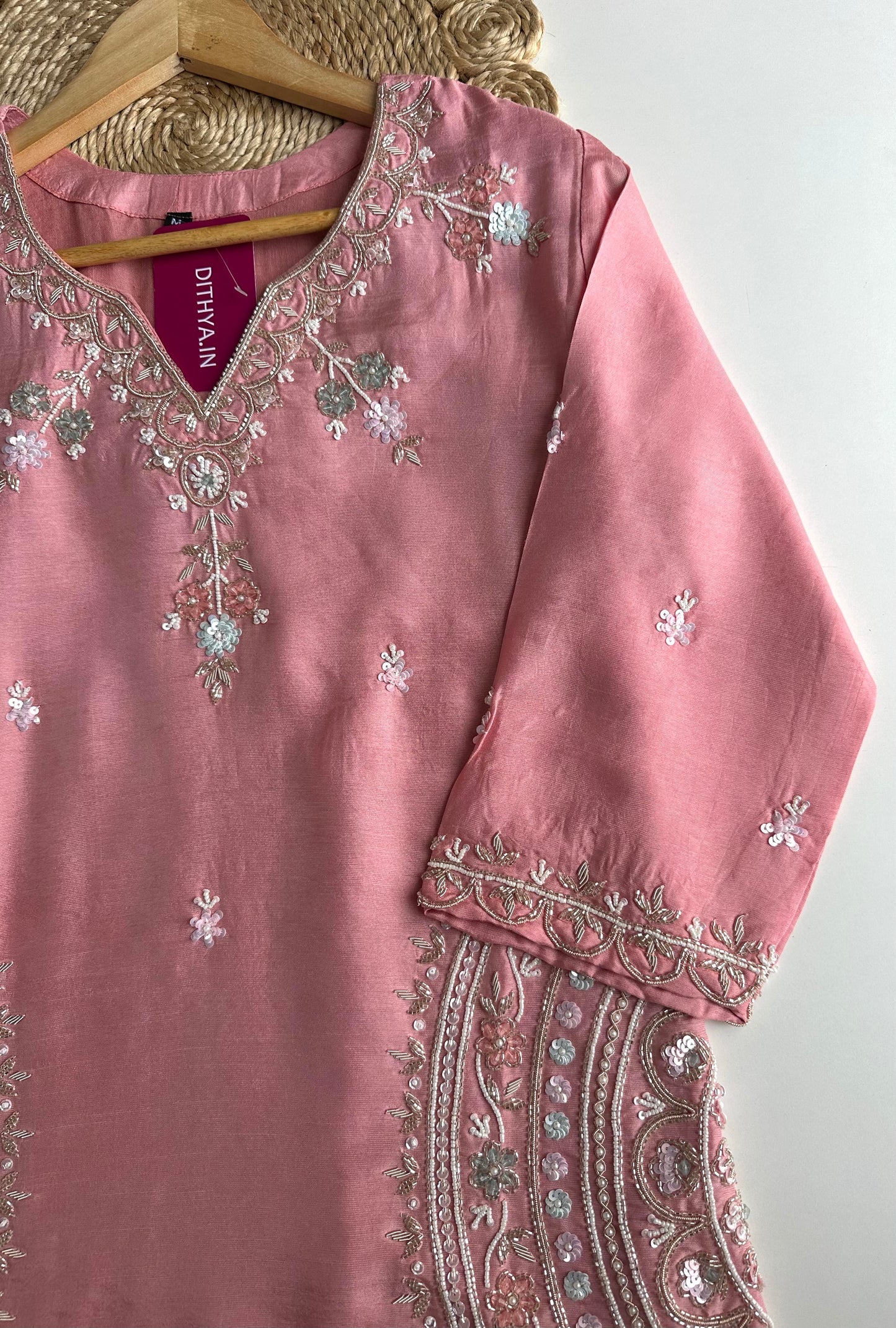 K052 - Russian silk handwork short Kurti with pants and dupatta
