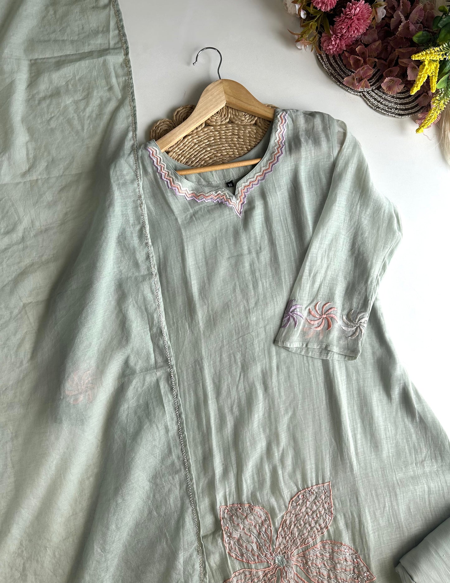 K454 - Mul Chanderi handwork Aline Kurti with pants and dupatta