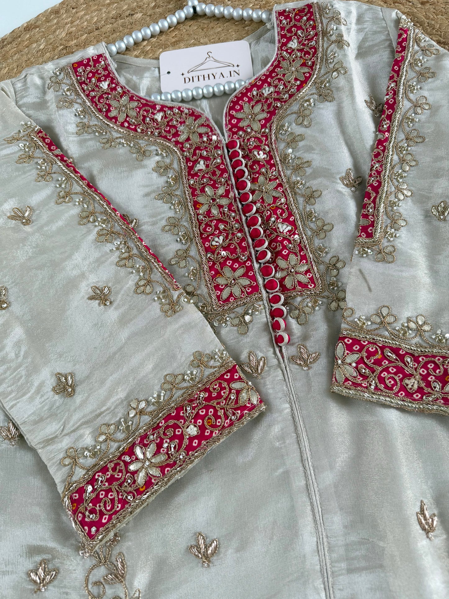 K225 - Tissue silk gota handwork short Kurti with divider pants