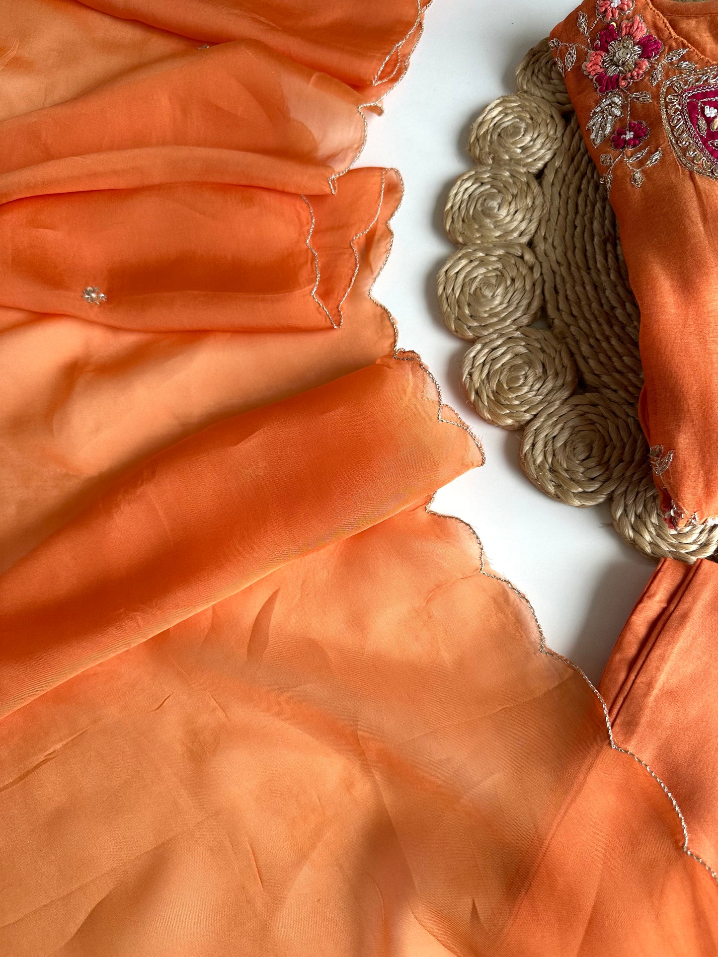K005 - Mul Chanderi Handwork Aline Kurti with pants and dupatta in 2 colours