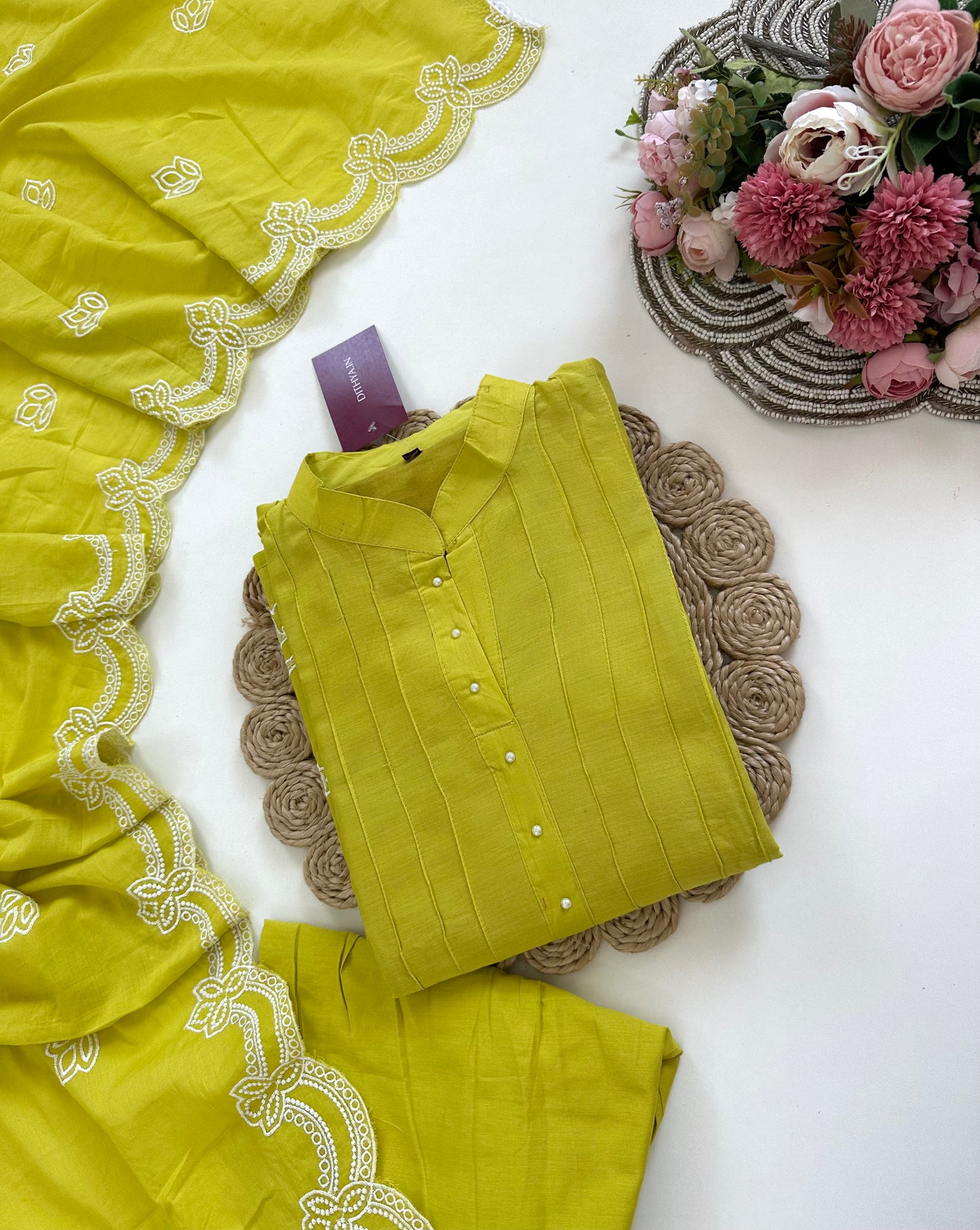K089 - Mulmul cotton embroidered Anarkali with pants and dupatta in 2 colours