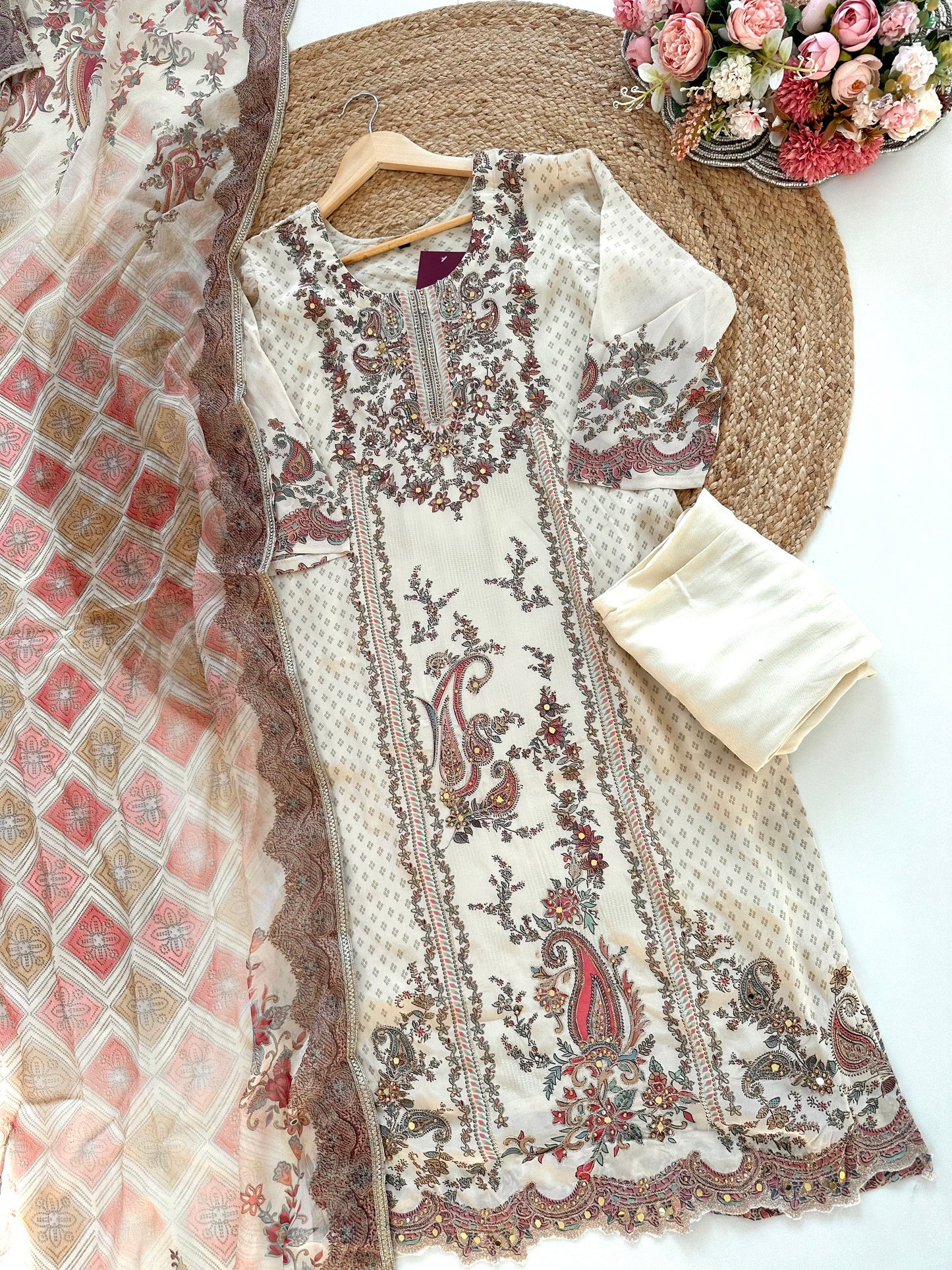 K372 - Viscose organza printed straight kurti with pants and dupatta .