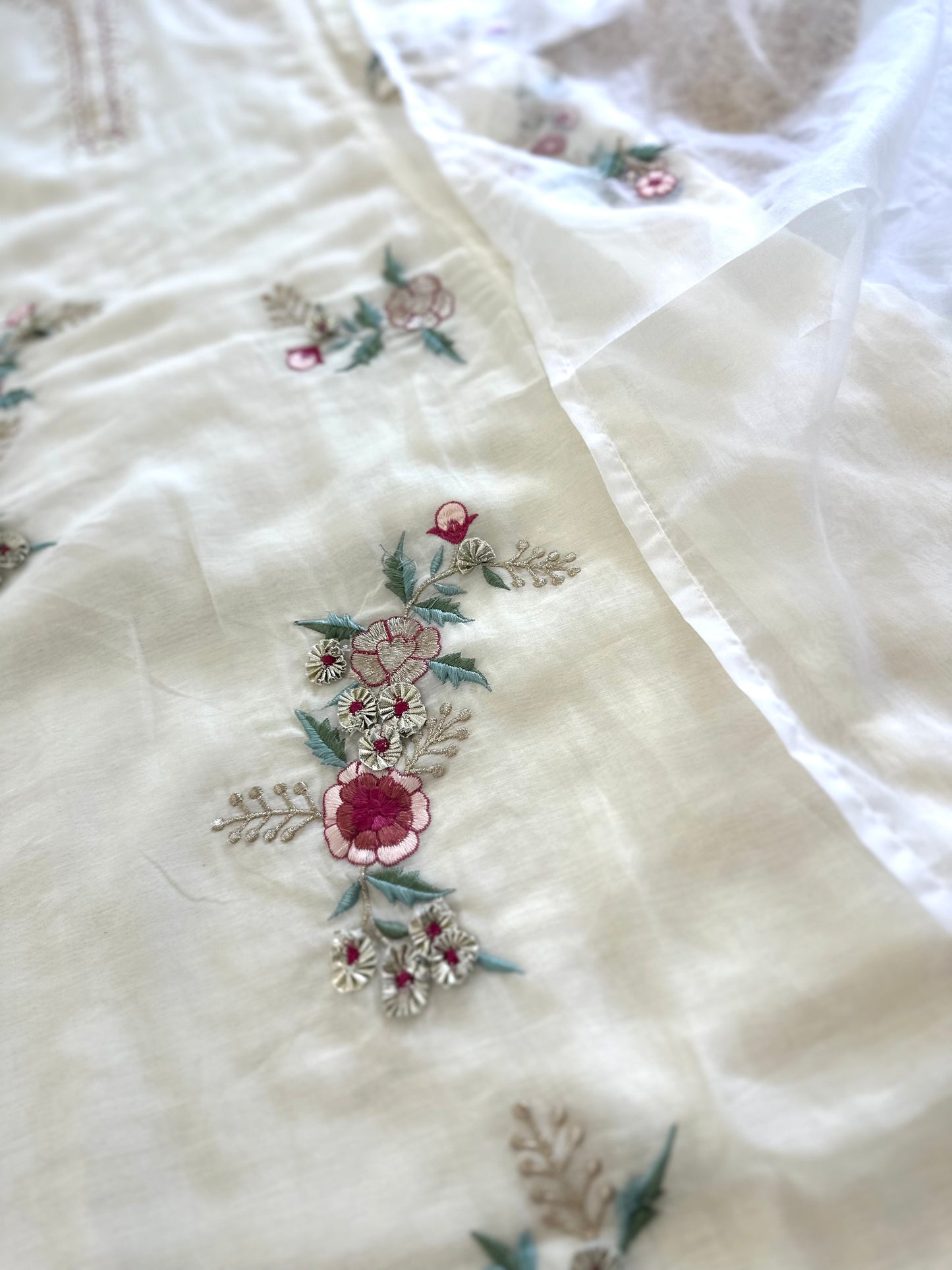 K340 - Mulmul chanderi embroidered Aline Kurti with pants and dupatta .