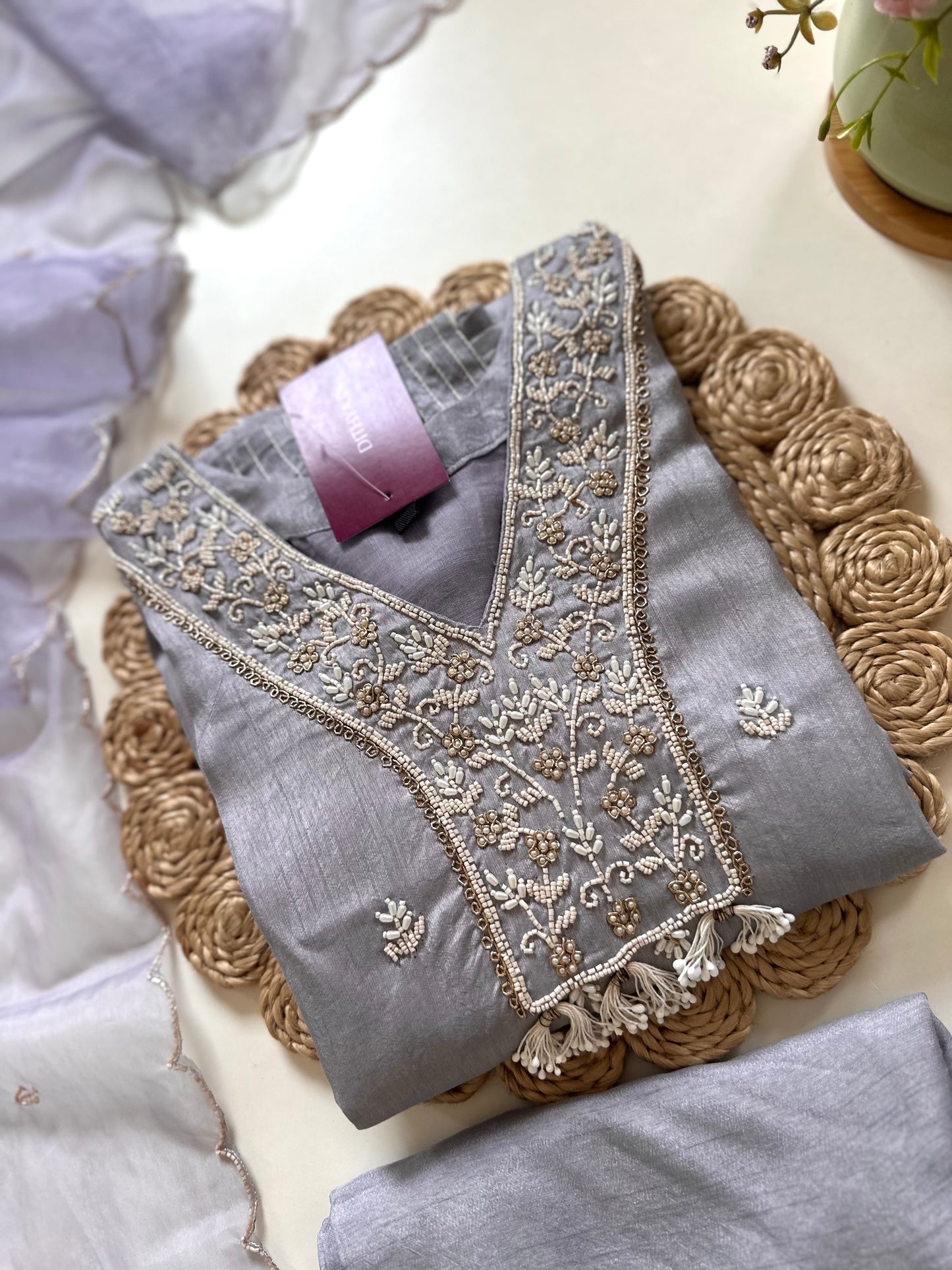 K130 - Russian silk Handwork straight kurti with pants and dupatta .
