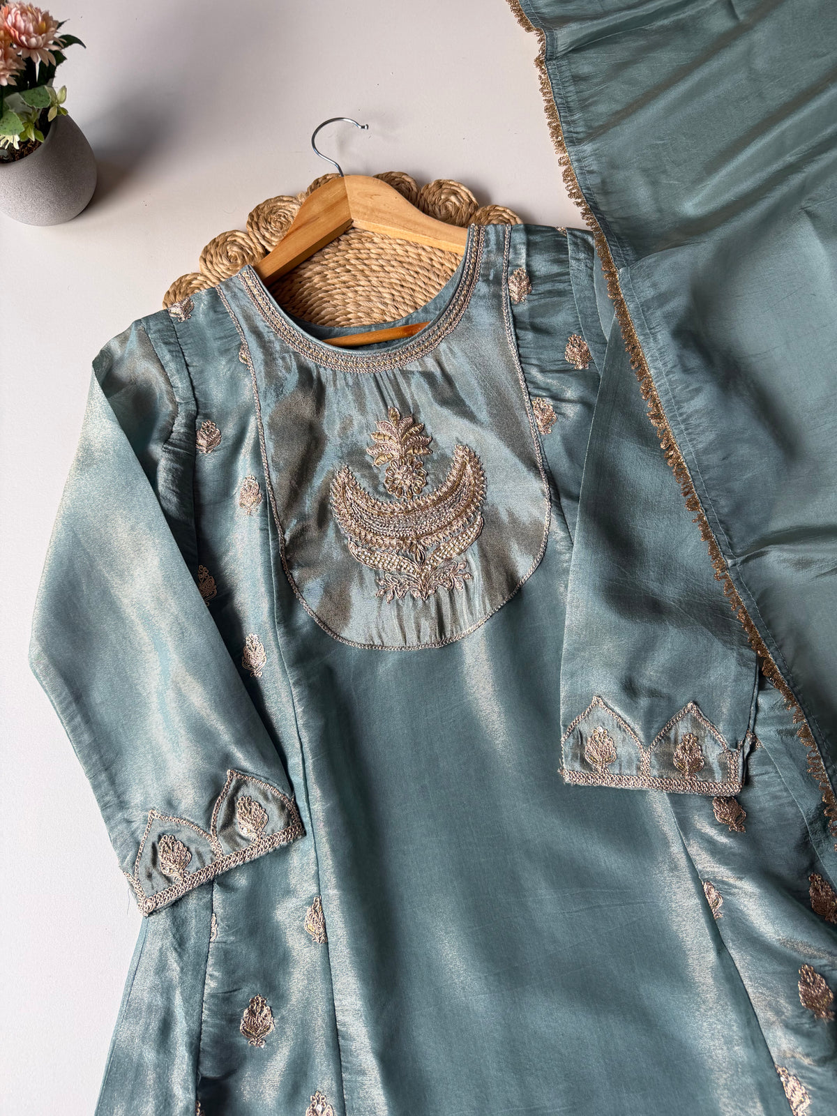 K092 - Tissue silk zari Anarkali with pants and dupatta