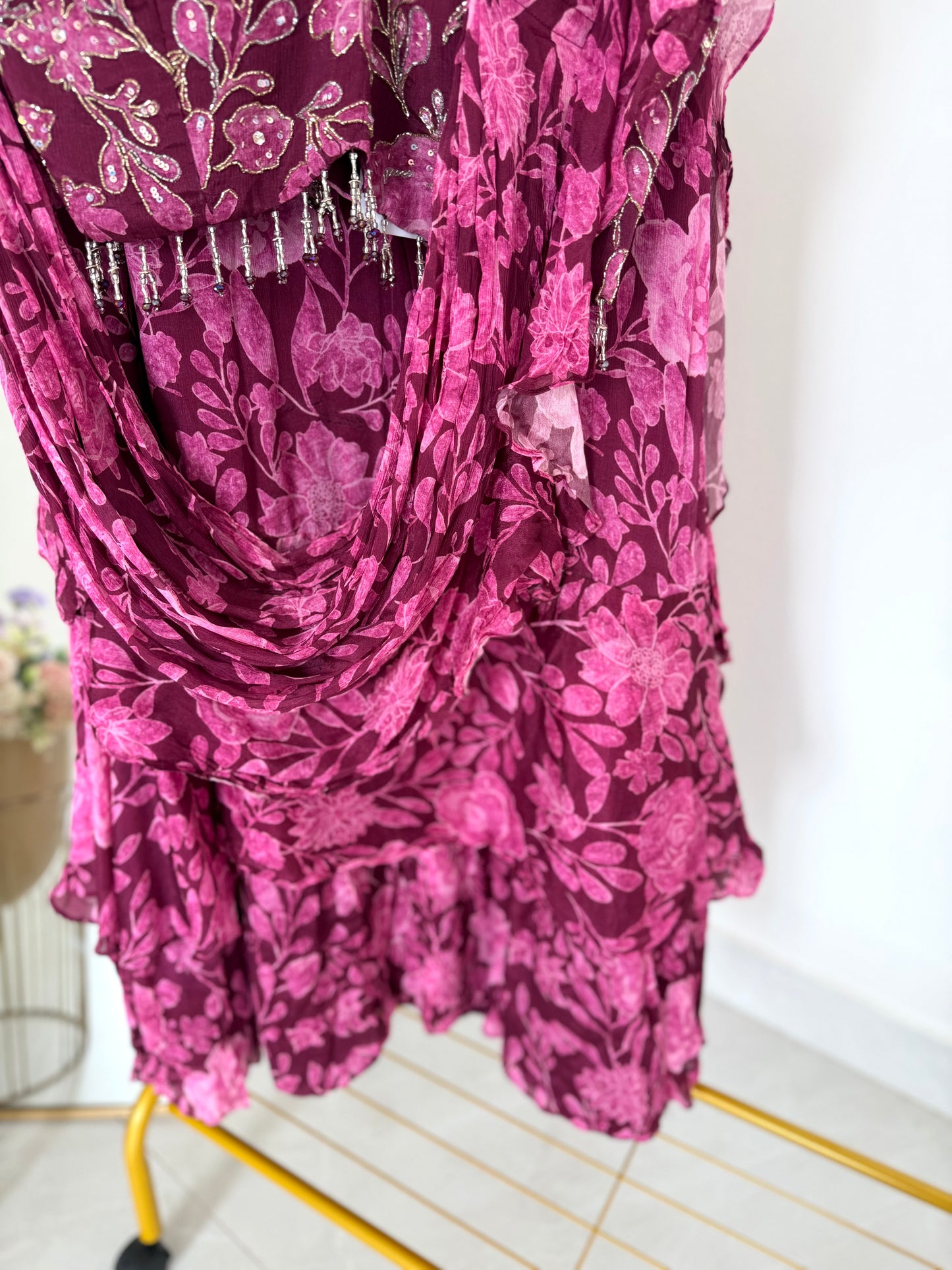 K525 - Pure chinnon floral crop top with drape skirt and dupatta