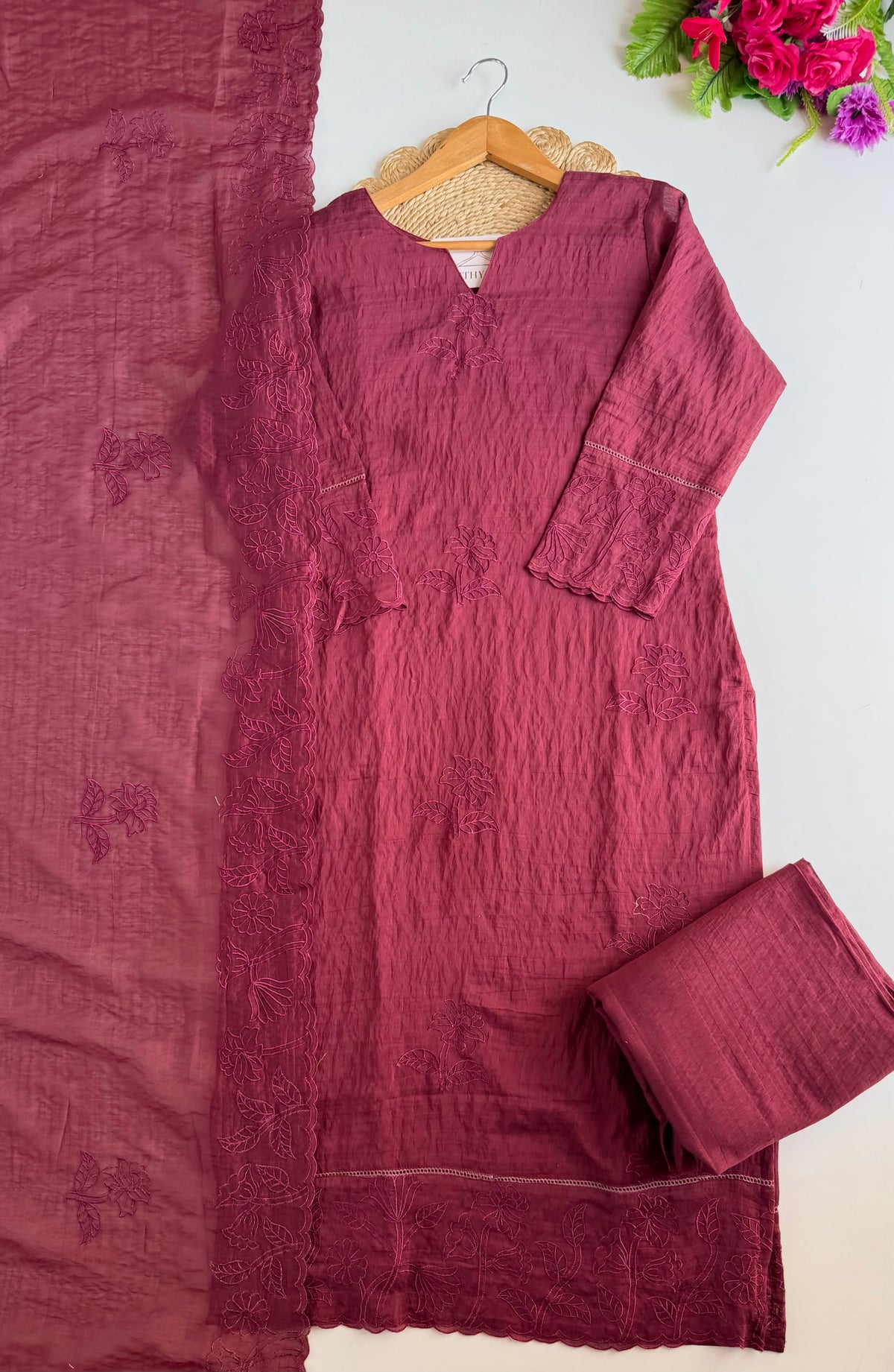 K208 - Crushed Mul chanderi embroidered straight Kurti with pants and dupatta in 2 colours