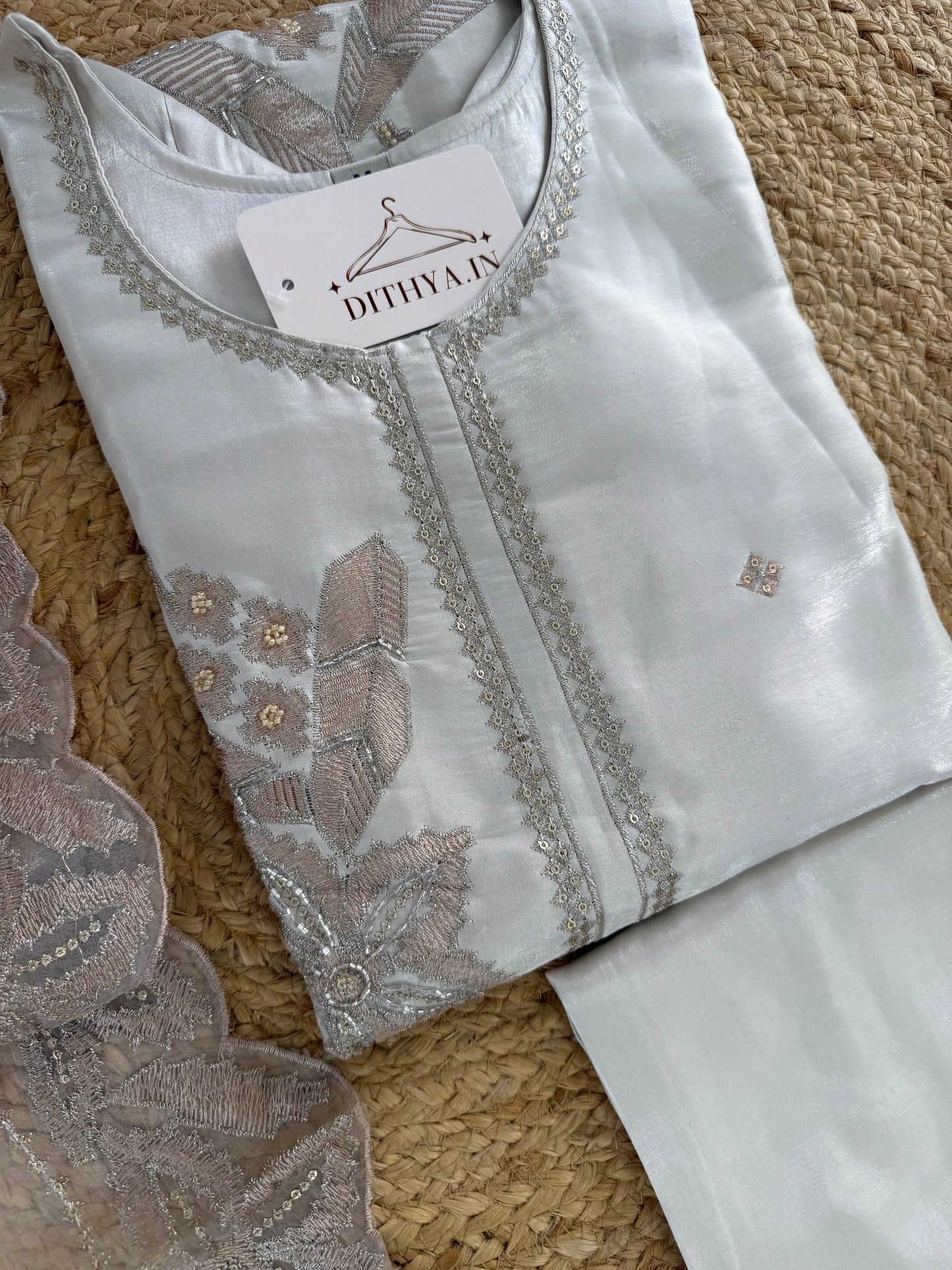 K519 - Shimmer Tissue silk embroidered straight Kurti with pants and dupatta