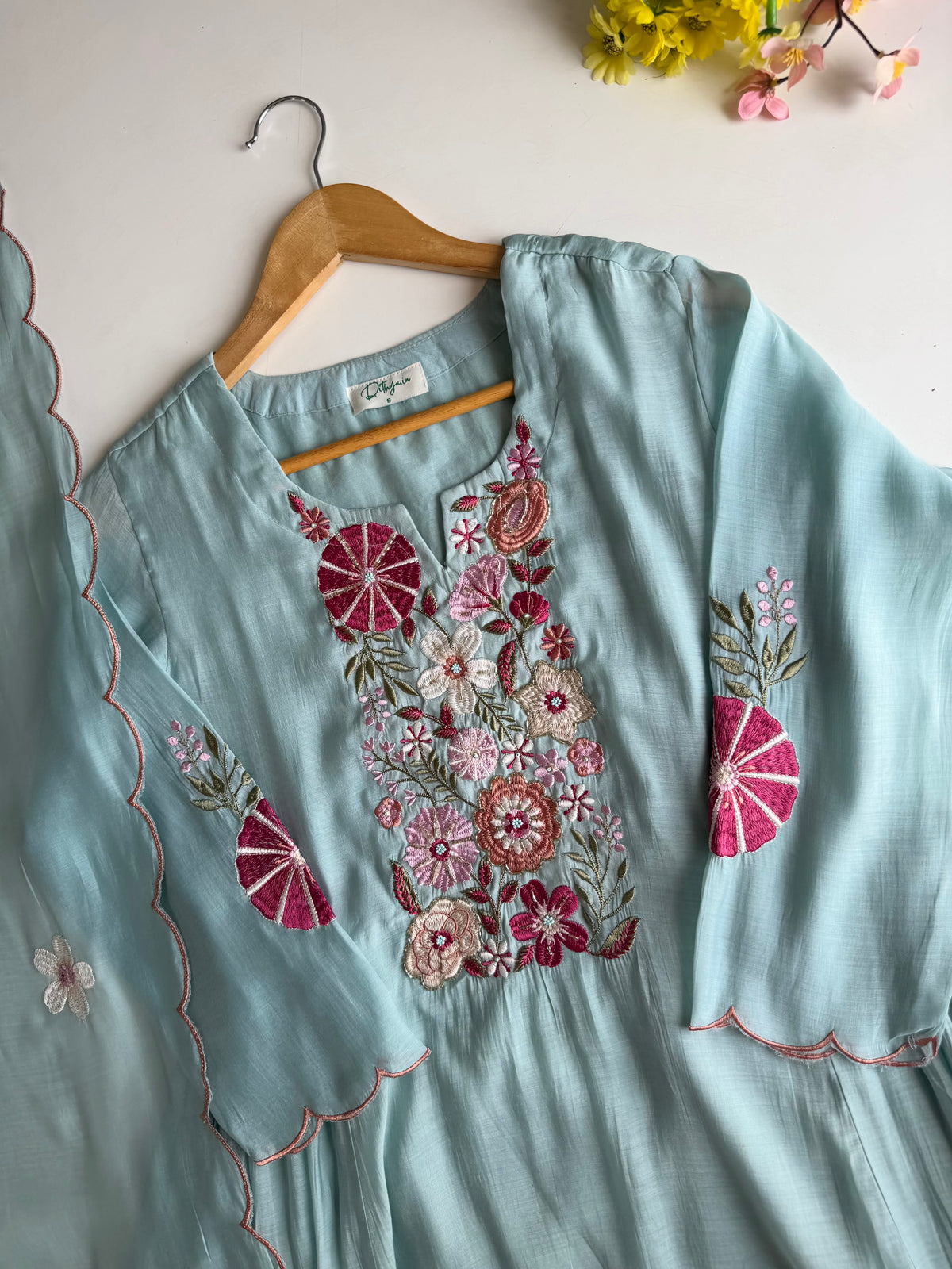 K674 - Surat mul chanderi hand embroidered Anarkali with pants and dupatta