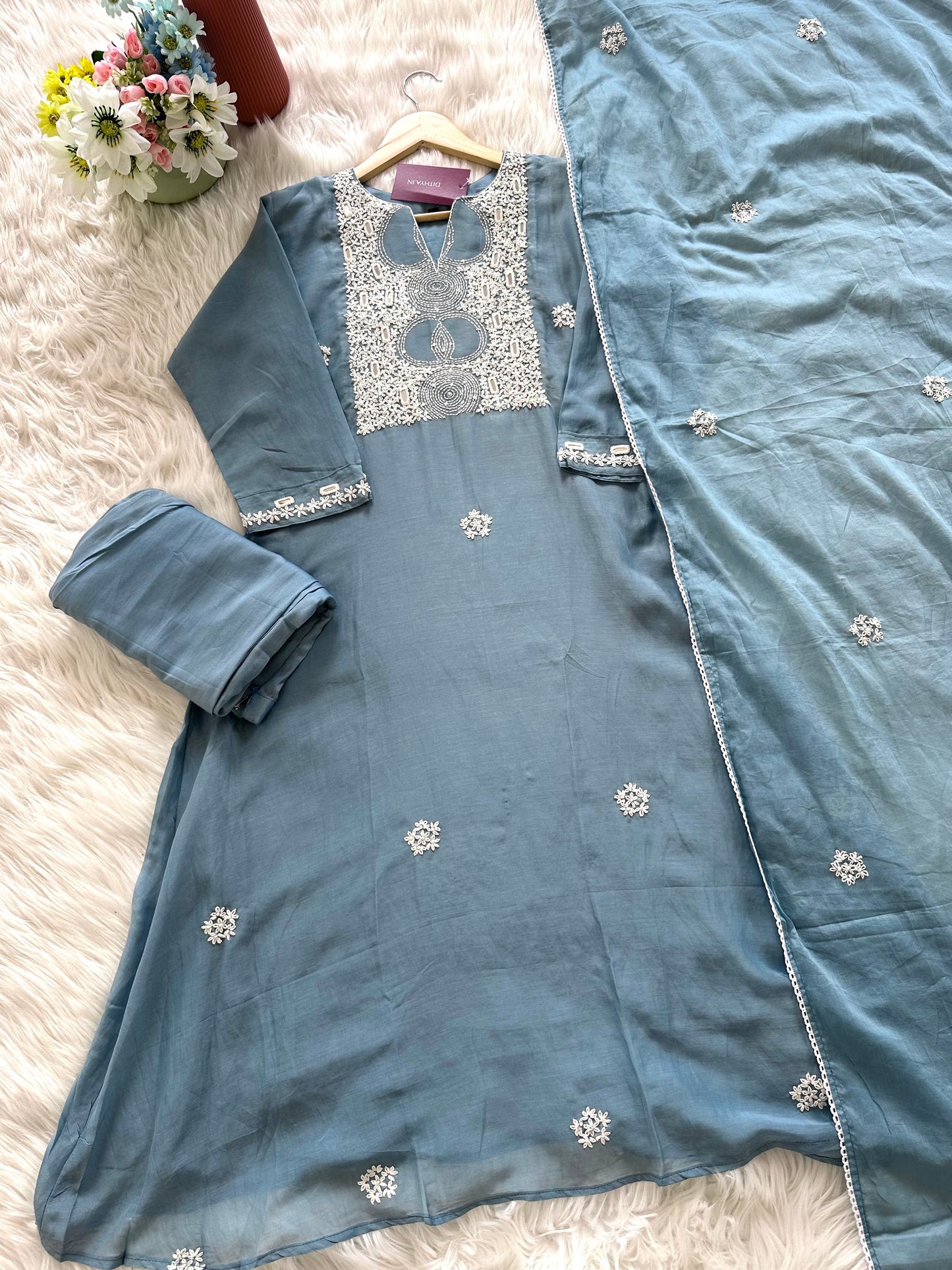 K410 - Mul Chanderi handwork Aline Kurti with pants and dupatta in 2 colours