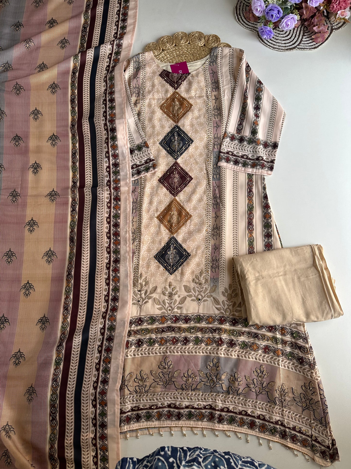 K187 - Rayon printed Aline kurti with pants and dupatta
