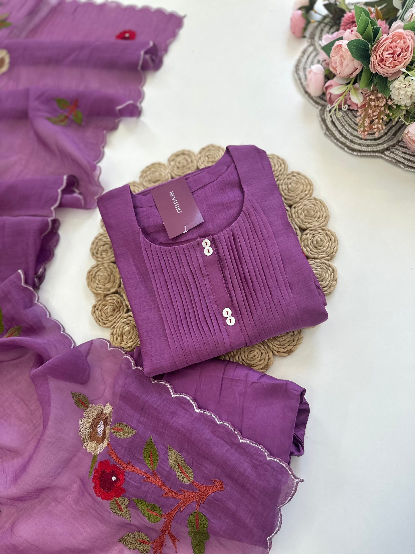 K308 - Mul Chanderi hand embroidered Aline Kurti with pants and dupatta in 2 colours .