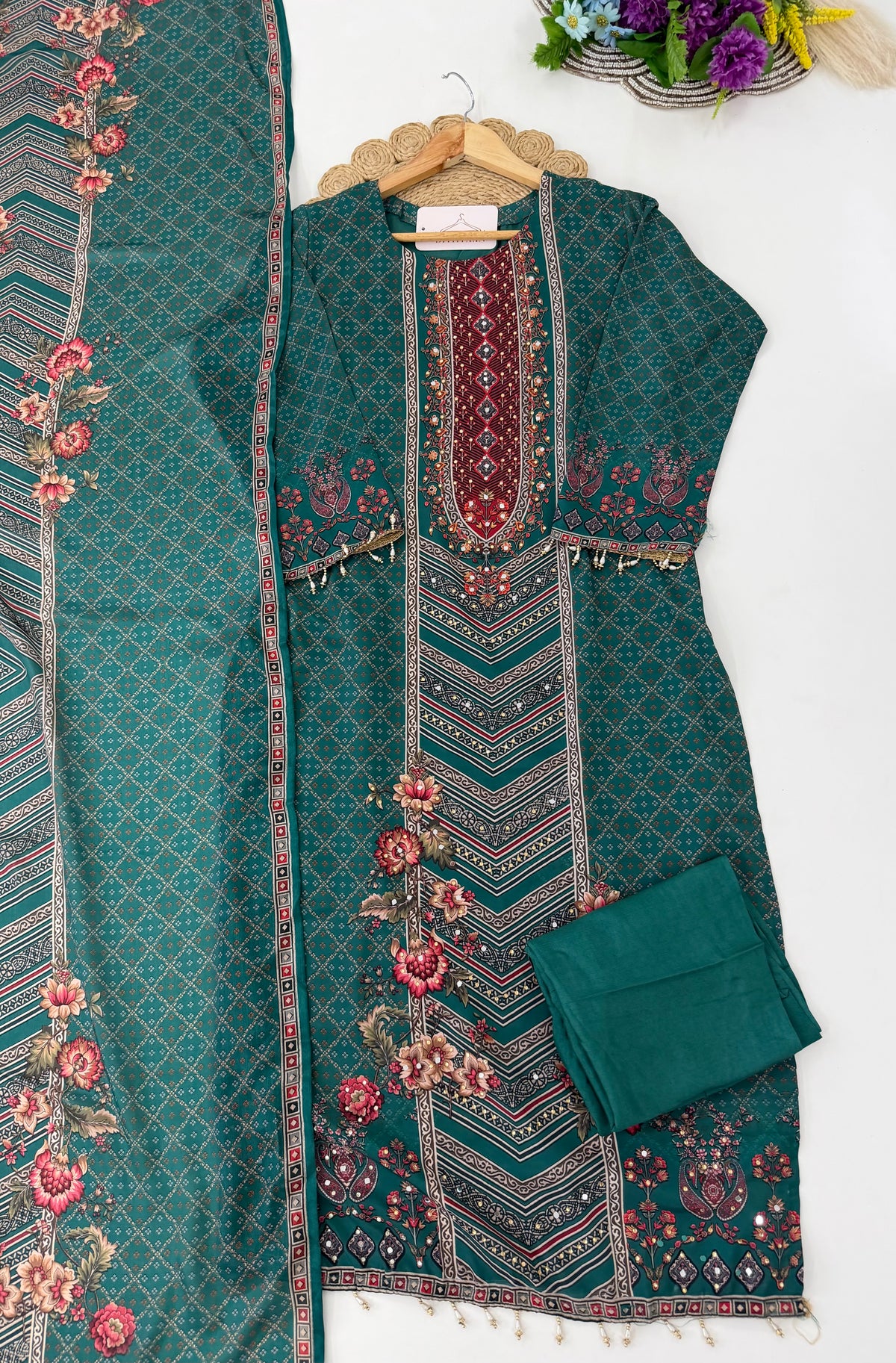 K513 - Rayon printed straight Kurti with pants and dupatta