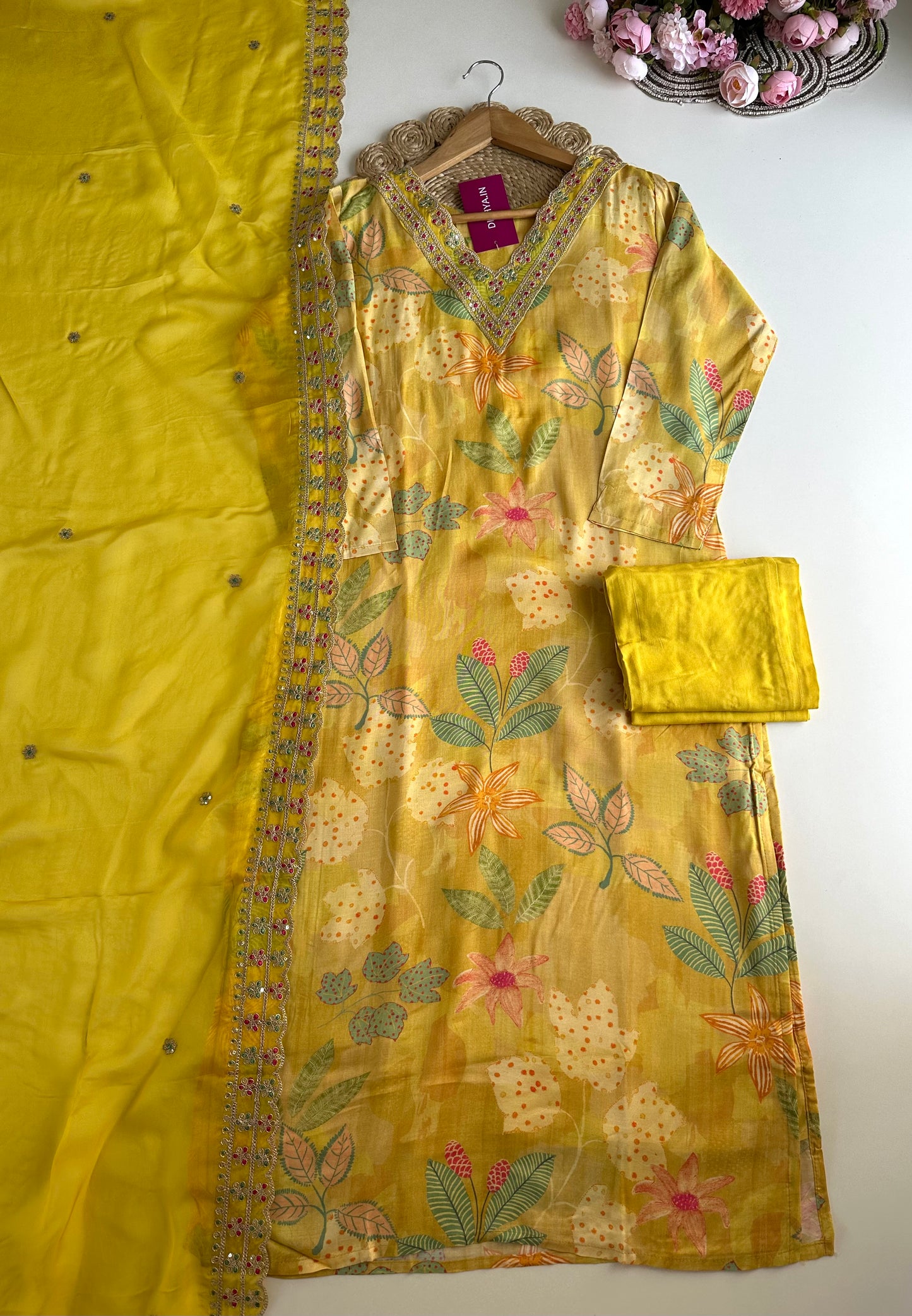 K019 - Viscose organza zari work straight Kurti with pants and dupatta