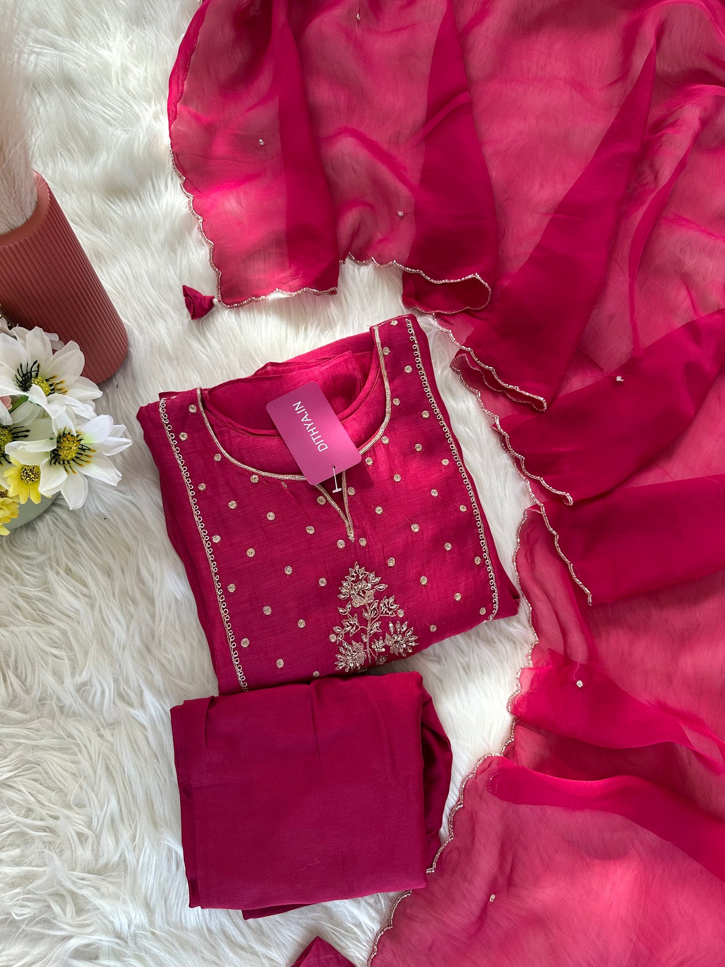 K037 - Mul Chanderi handwork Aline Kurti with pants and dupatta