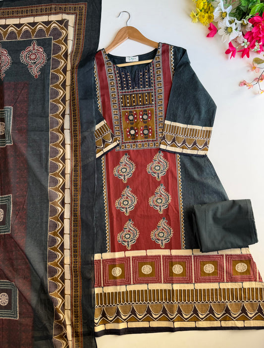 K363 - Mul cotton embroidered Aline Kurti with pants and dupatta