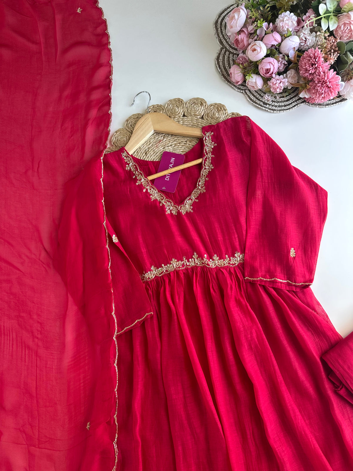 K324 - Mul Chanderi handwork Aline Kurti with pants and dupatta